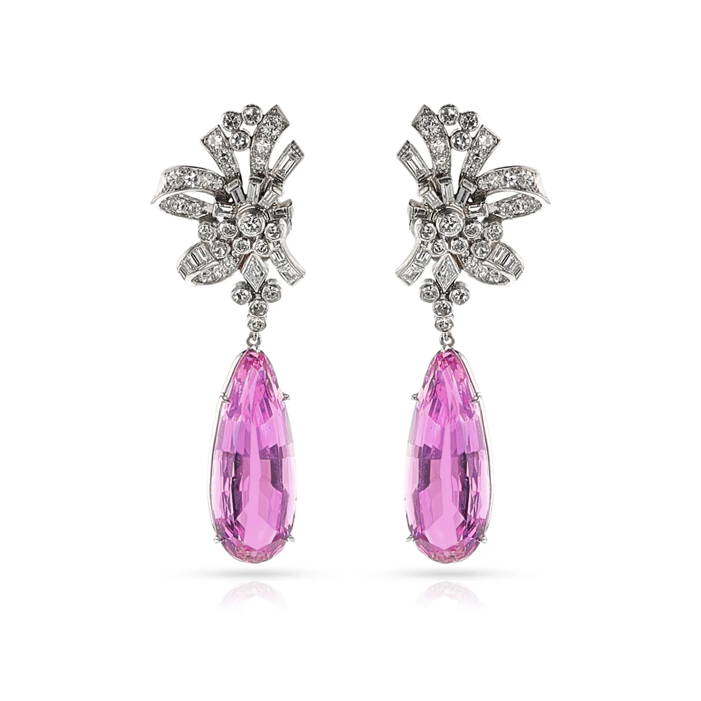 Art Deco AGL Certified Natural Pear Pink Topaz and Diamond Earrings, Platinum