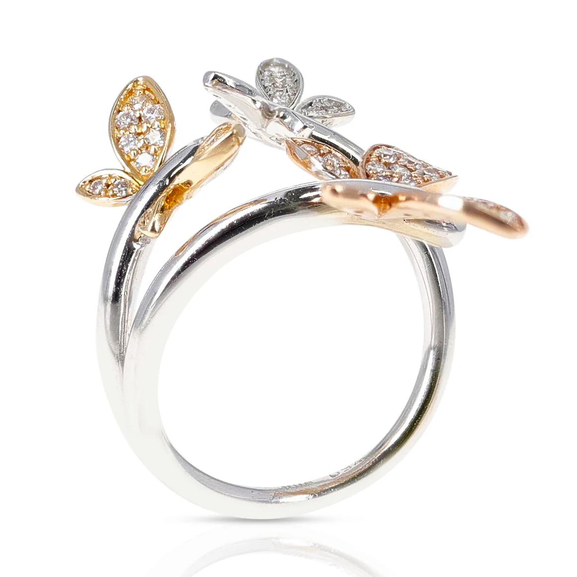 Yellow, White and Rose 18 Karat Gold Three Butterfly Ring with Diamonds