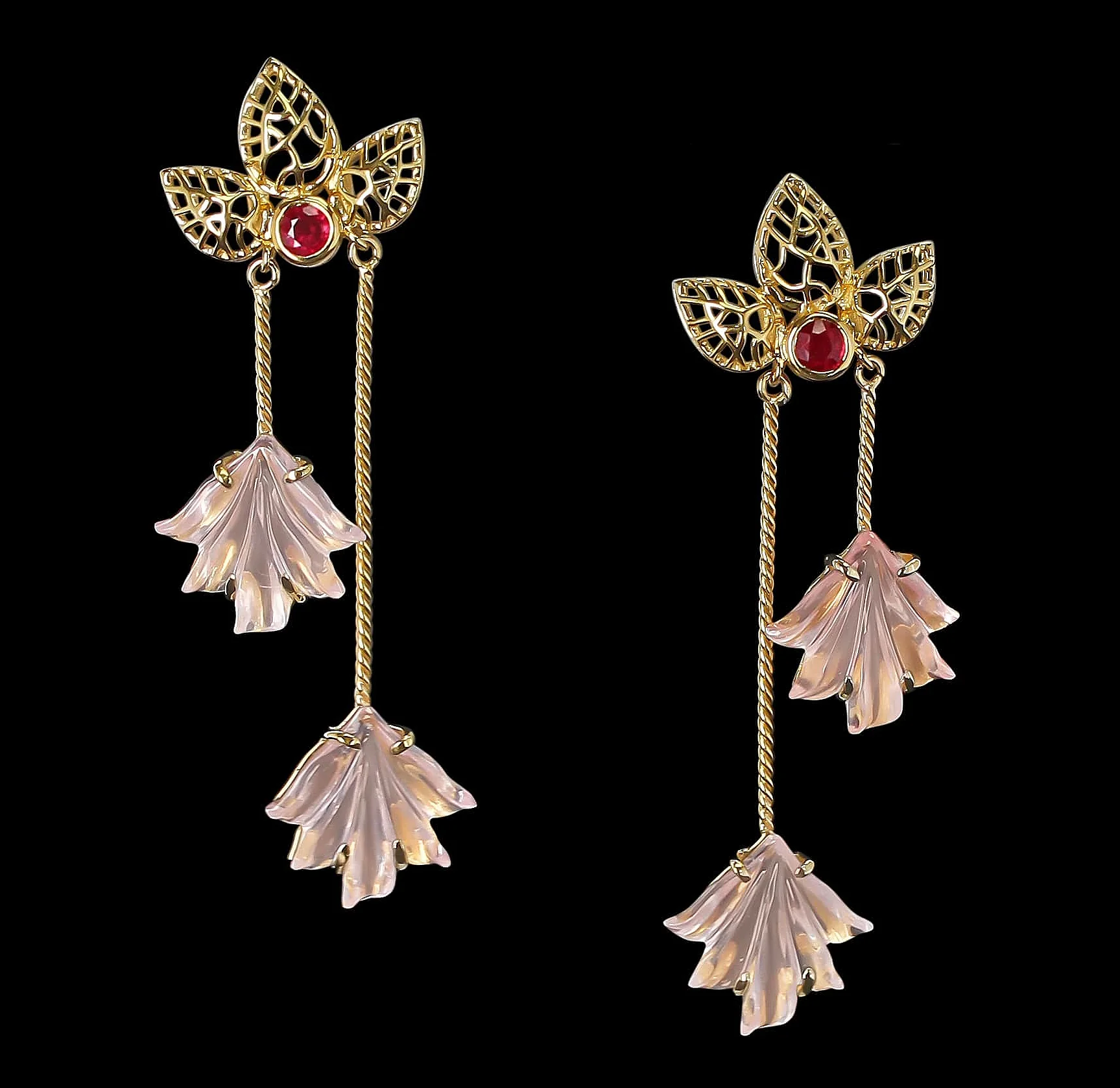 Dual Carved Rose Quartz Earrings with Gold Leaf Work with Ruby