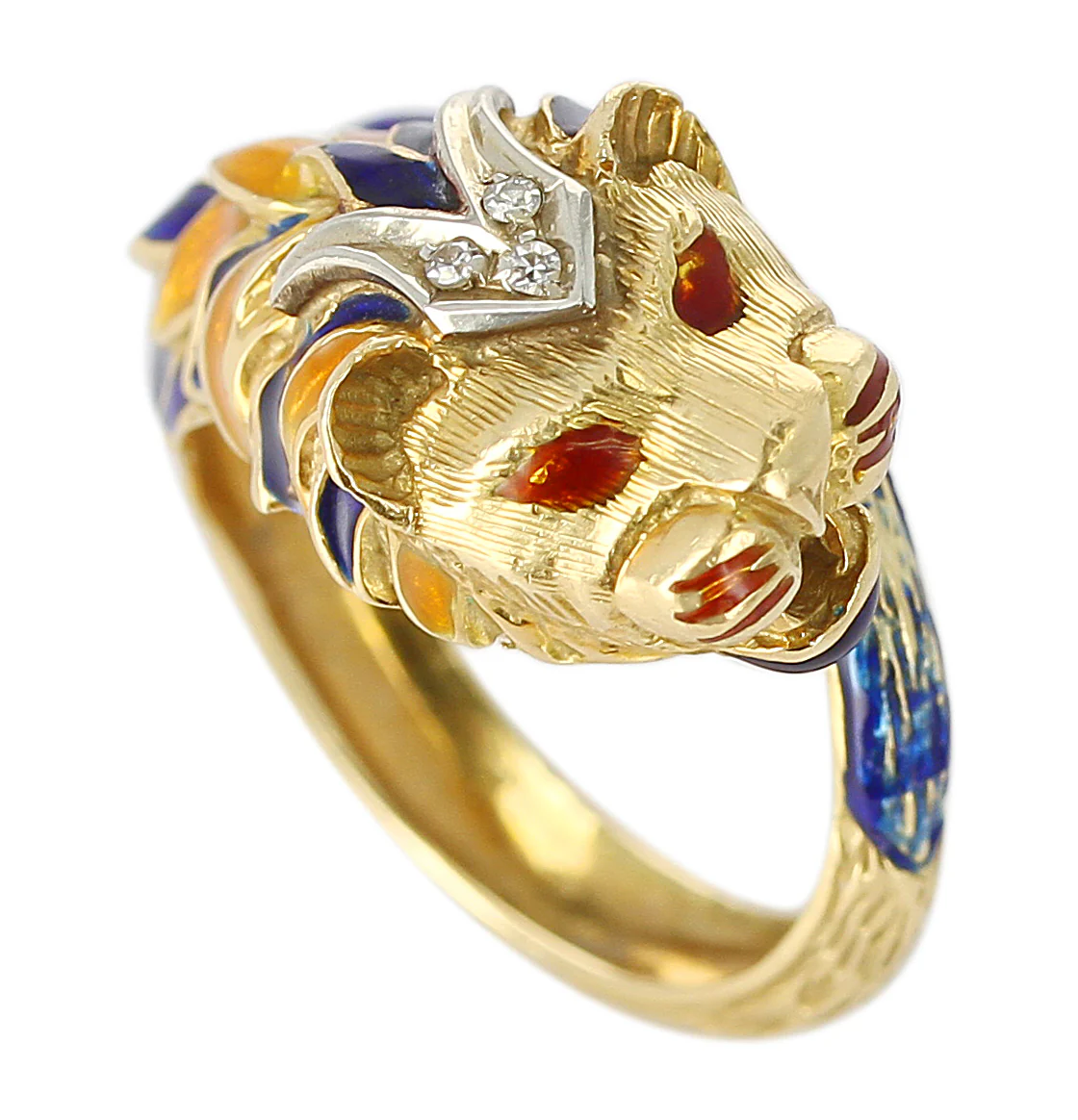 Lion Enamel Ring with Diamonds in 18 Karat Yellow Gold