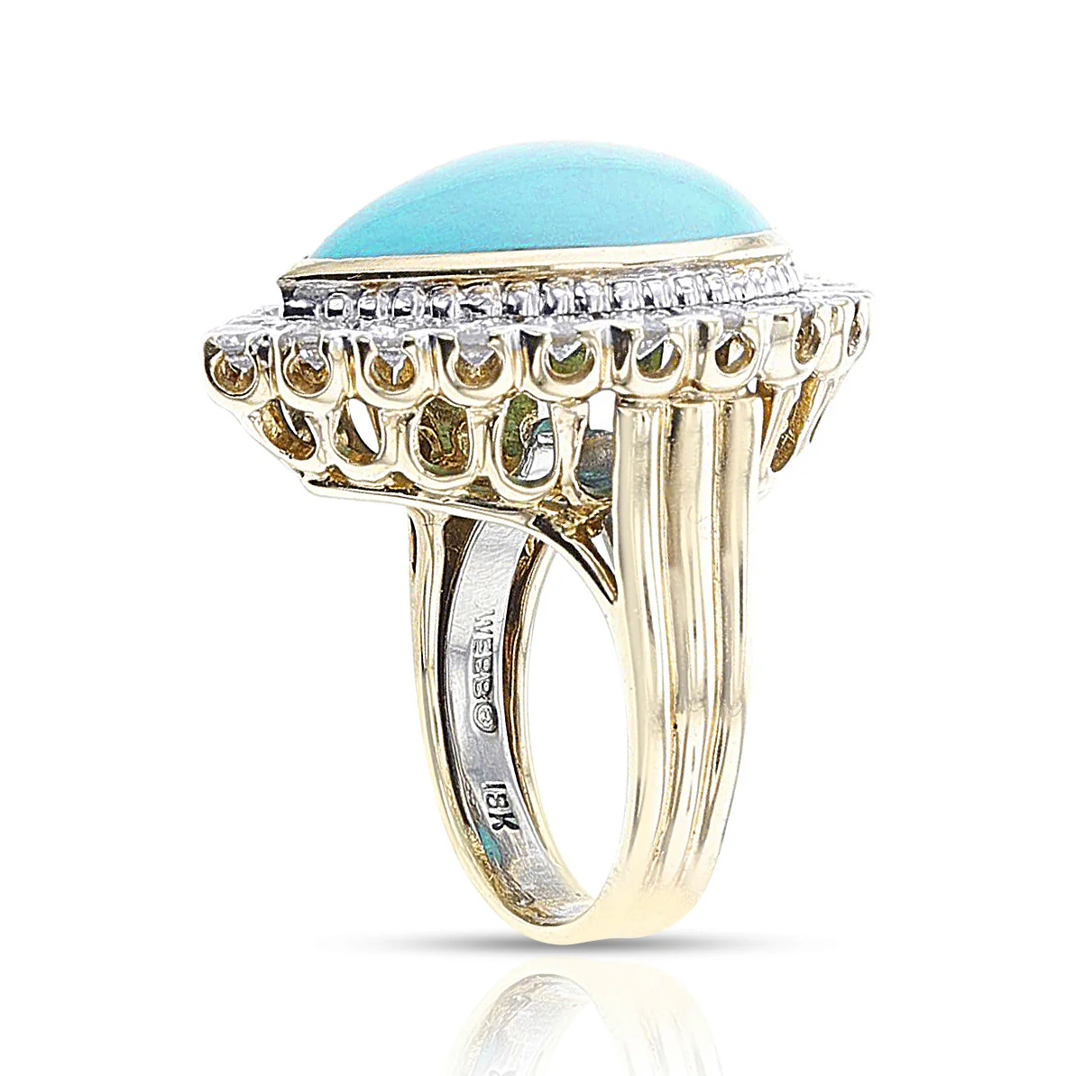 1970s David Webb Turquoise Cabochon and Diamond Ring, 18k and Platinum