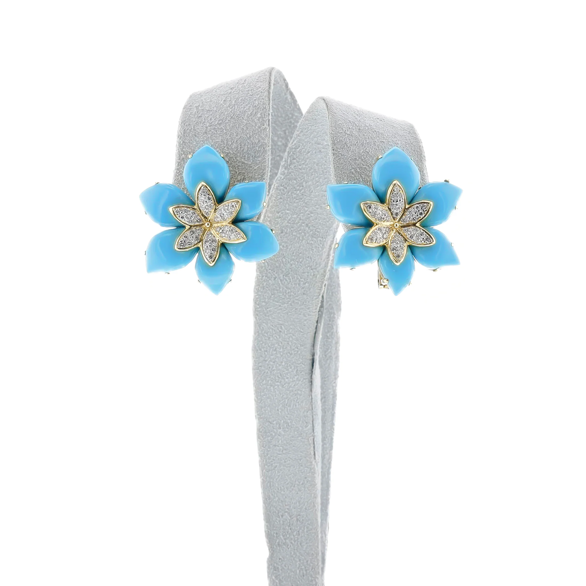 GIA Certified Natural Turquoise Floral Earrings with Diamonds, 18k