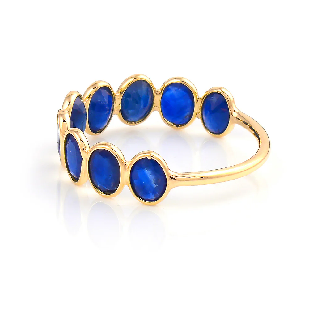 Seven Blue Sapphire Oval Shape Ring Band, 18k Yellow Gold