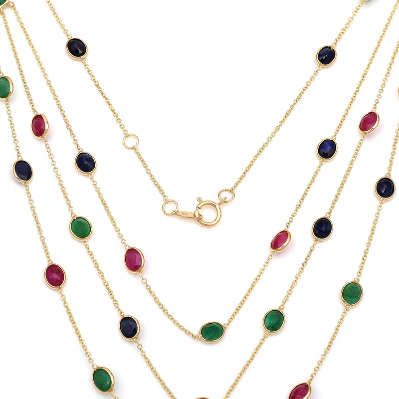 Oval Precious Gemstone Triple Layer Necklace, 18k