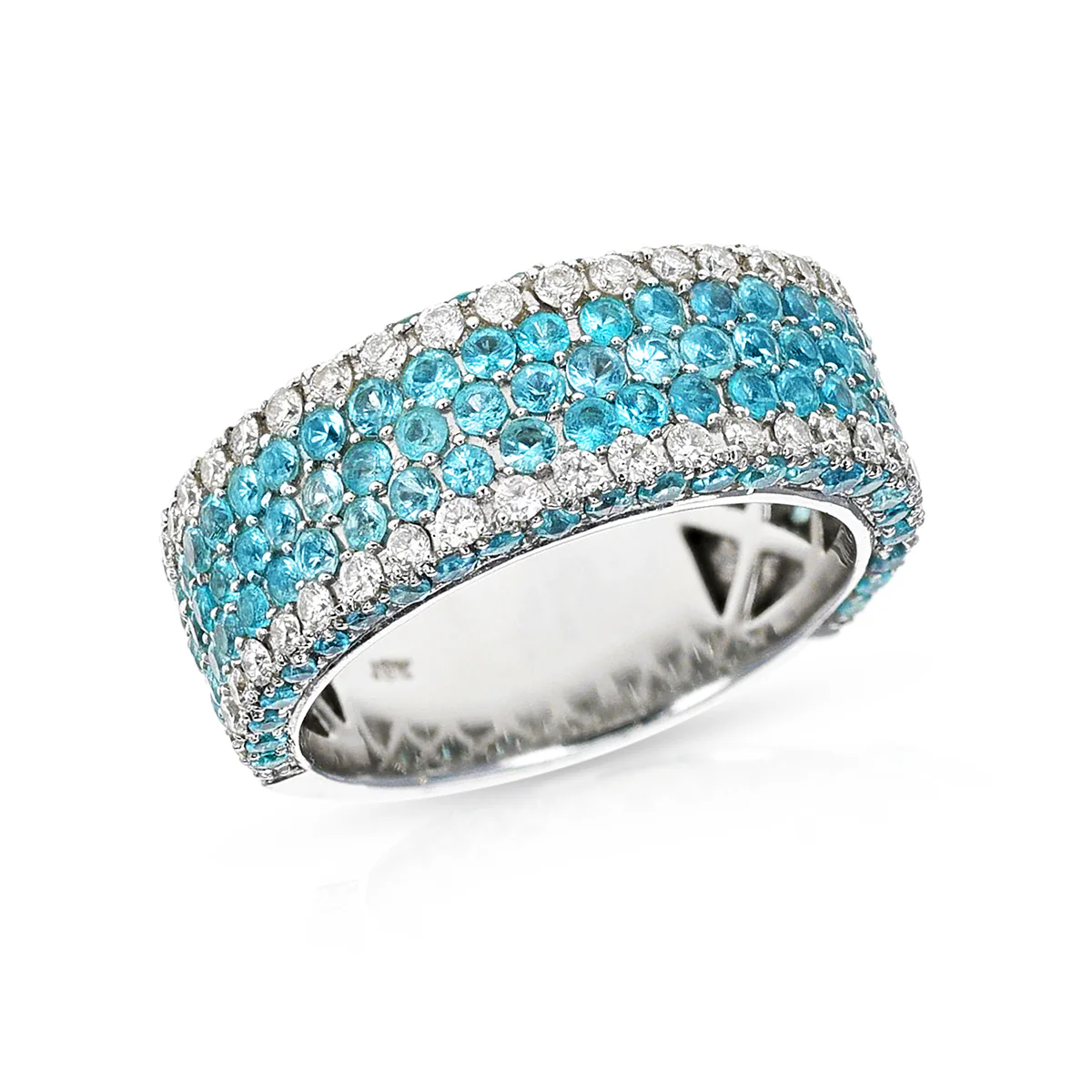 Brazilian Paraiba Tourmaline and Diamond Five Row Pave Ring