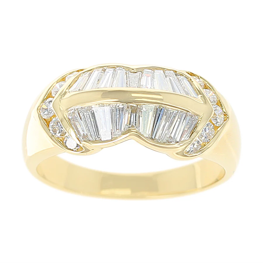 Wavy Two Row Diamond Baguette Ring with Round Diamonds, 18K Yellow Gold