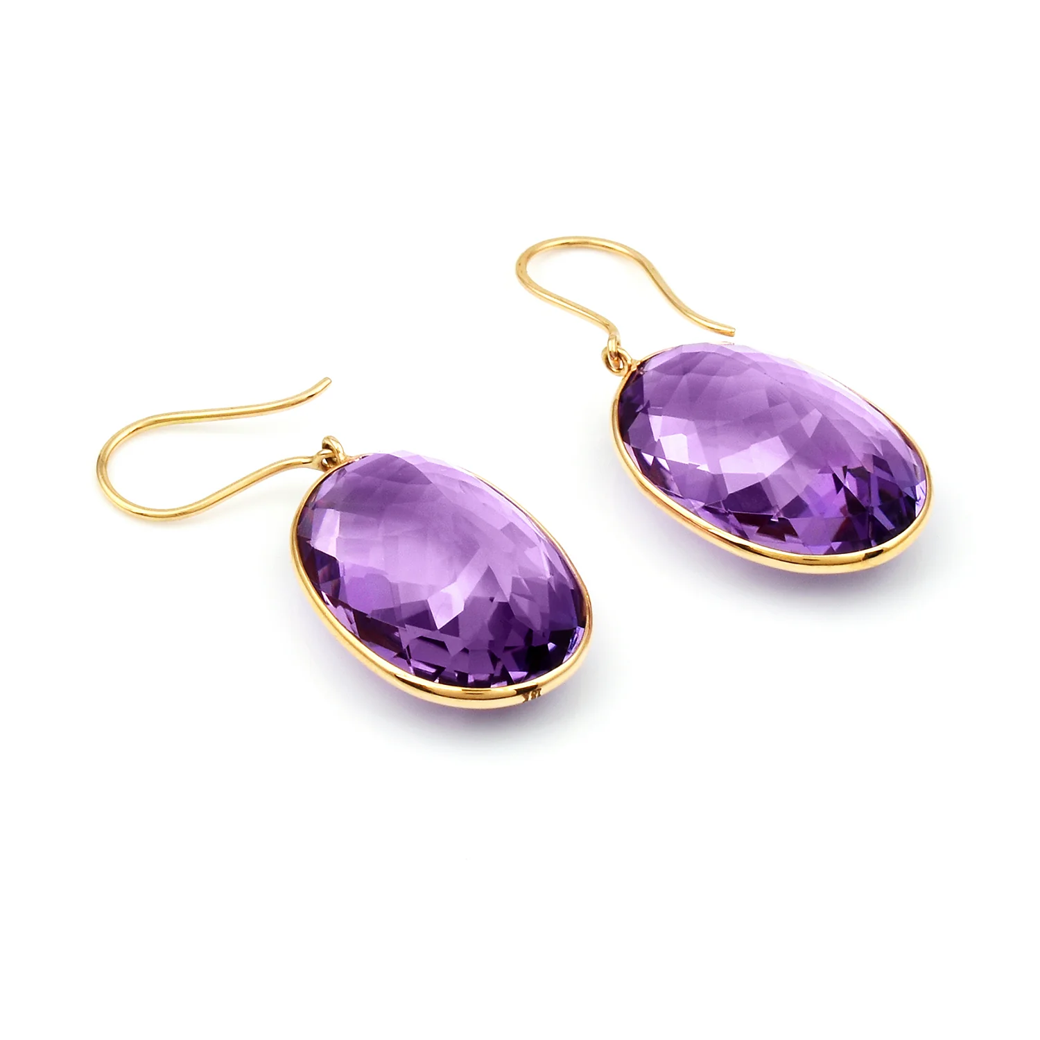 Amethyst Oval Shape Dangling Earrings, 18 Karat Yellow Gold