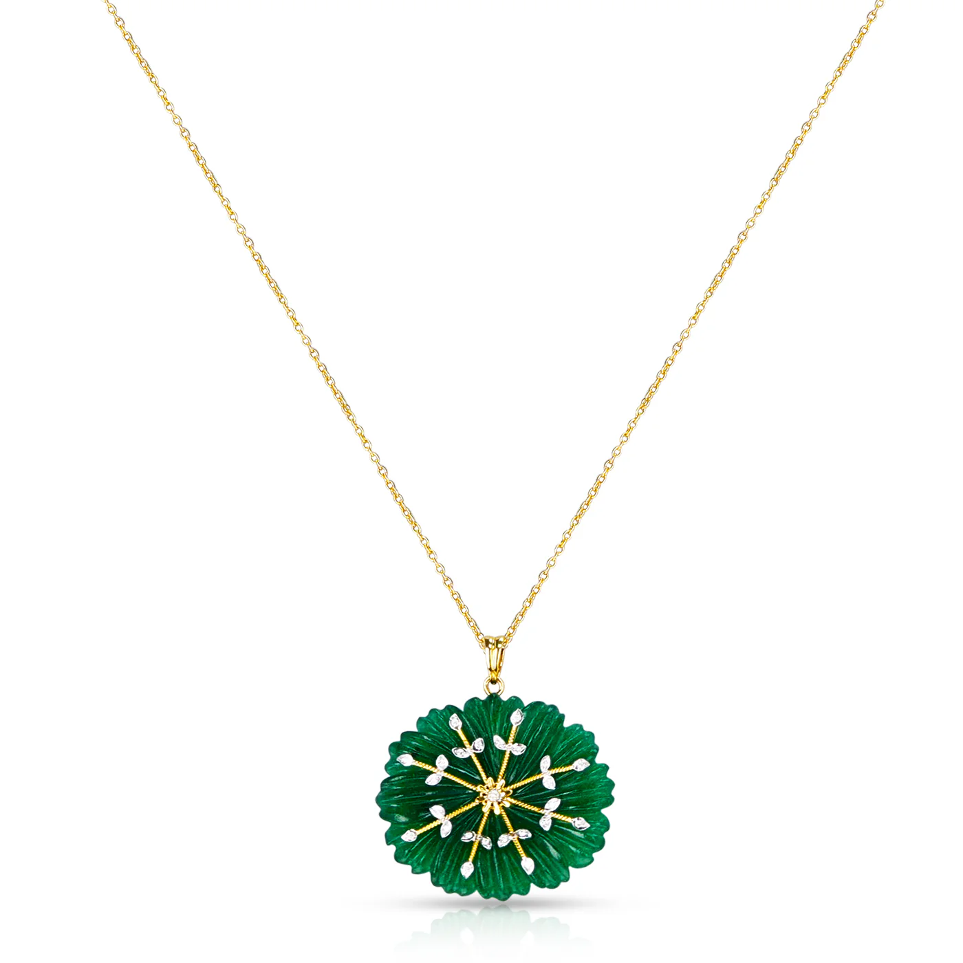 Carved Floral Jade Pendant with Diamonds, 14K