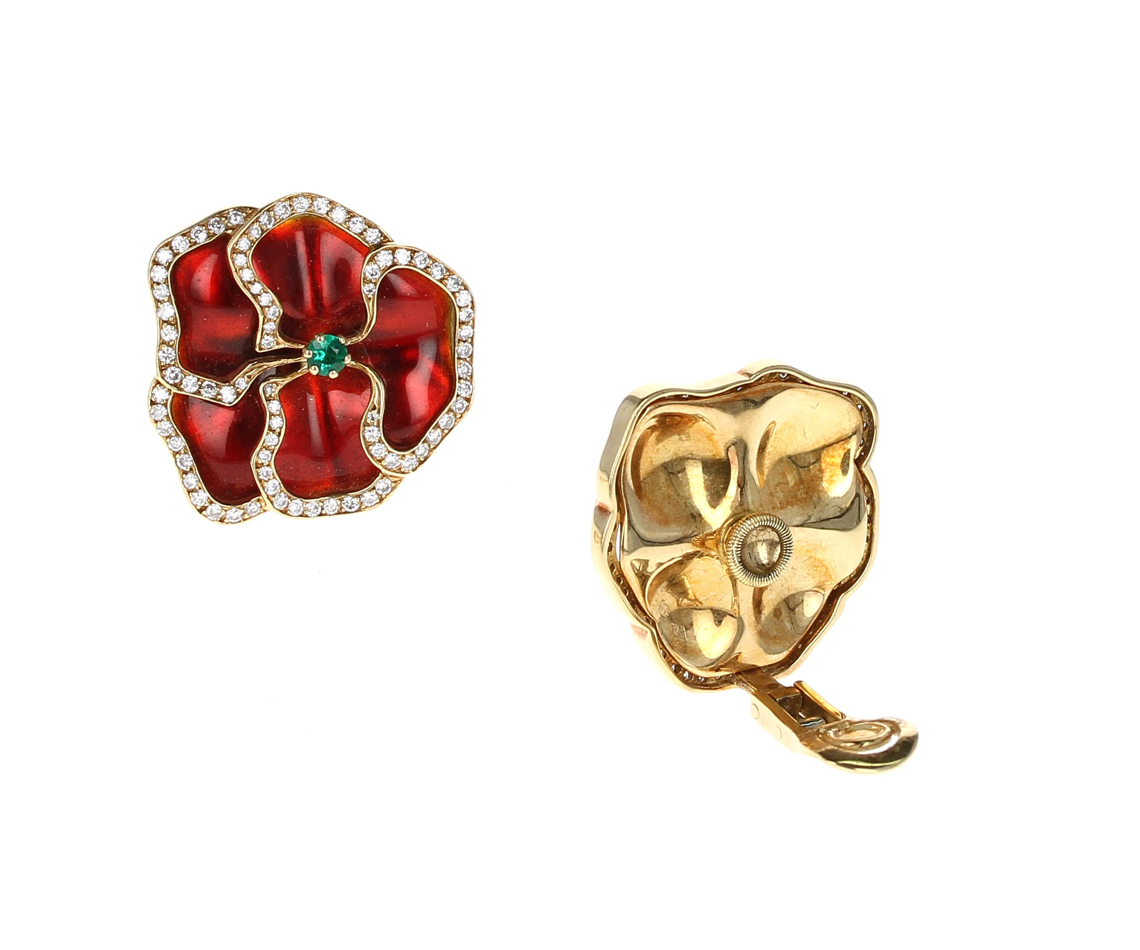 Red and Yellow Enamel Earrings with Emerald and Diamonds