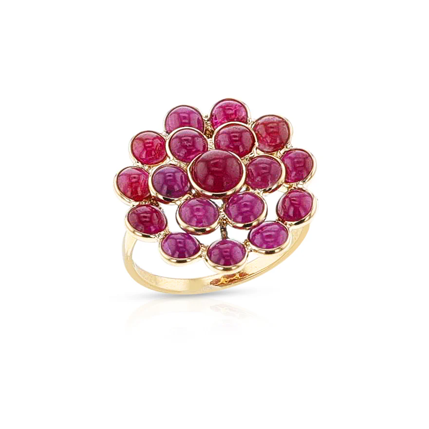 Ruby Cabochon Cluster Cocktail Floral Ring, 18k