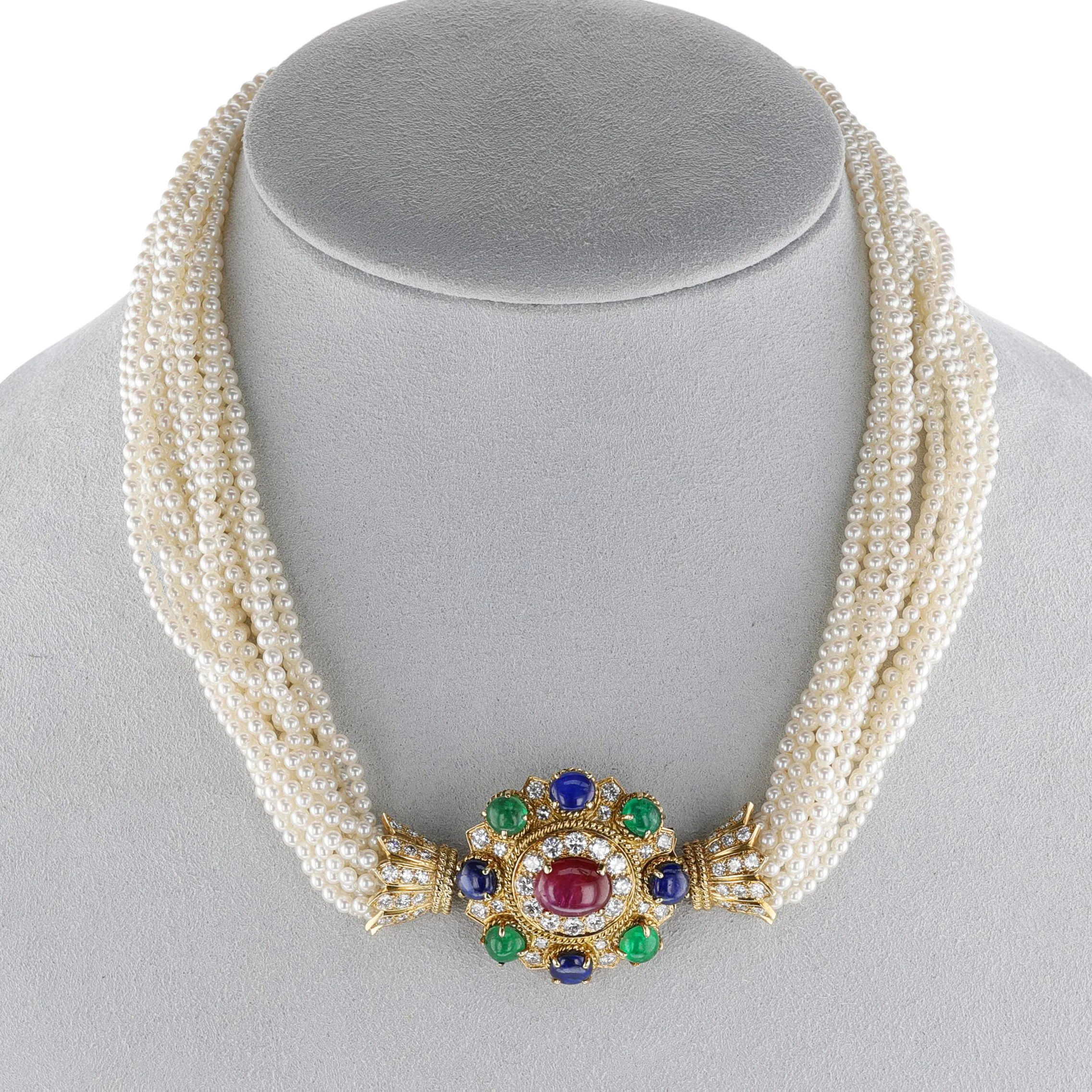 1970s Vourakis Cultured Pearl, Ruby, Emerald, Sapphire and Diamond Set of Necklace, Bracelet and Ring