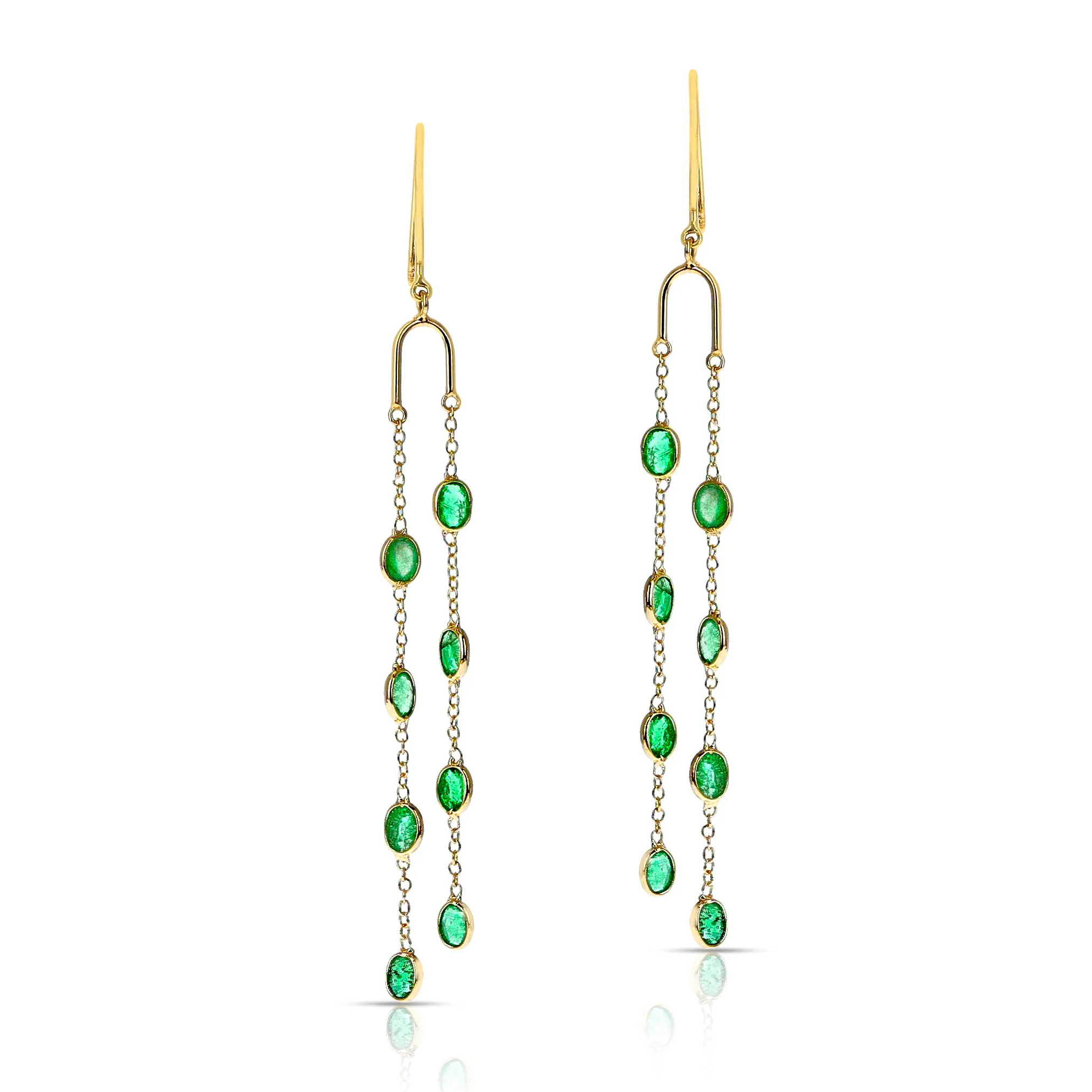 Emerald Oval Shape Dangling Earrings made in 18 Karat Yellow Gold.