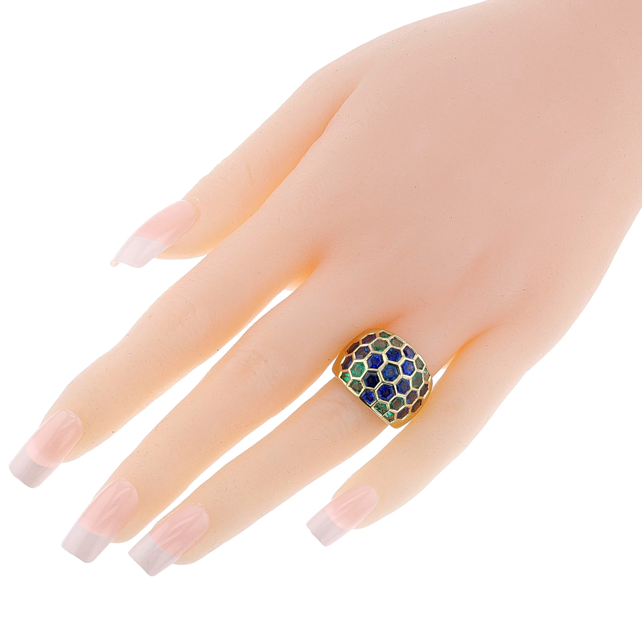 Sabbadini Milano Hexagonal Emerald and Sapphire Bombe Ring, 18k