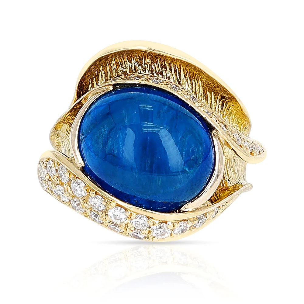 10 ct. Sapphire Cabochon and Diamond Cocktail Ring, 18K Yellow Gold