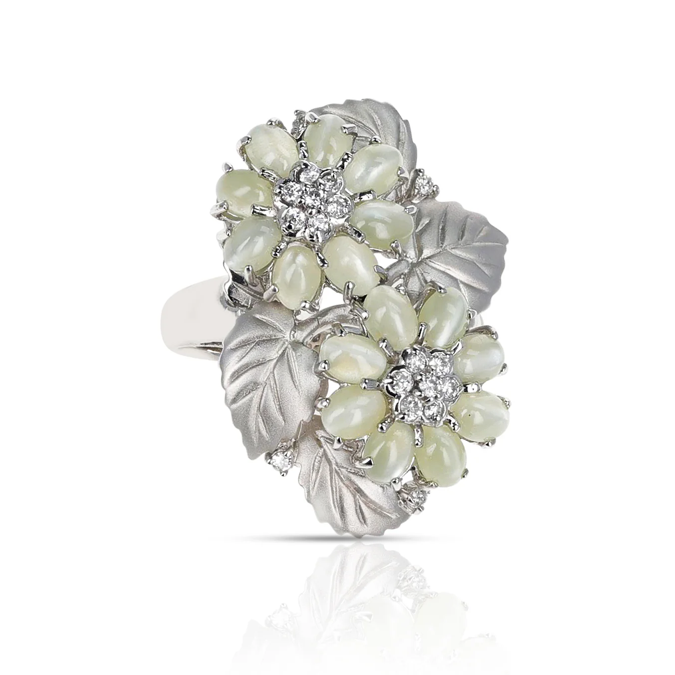 Cat's Eye Tourmaline Cabochon Double Flower and Diamond Ring, 18K