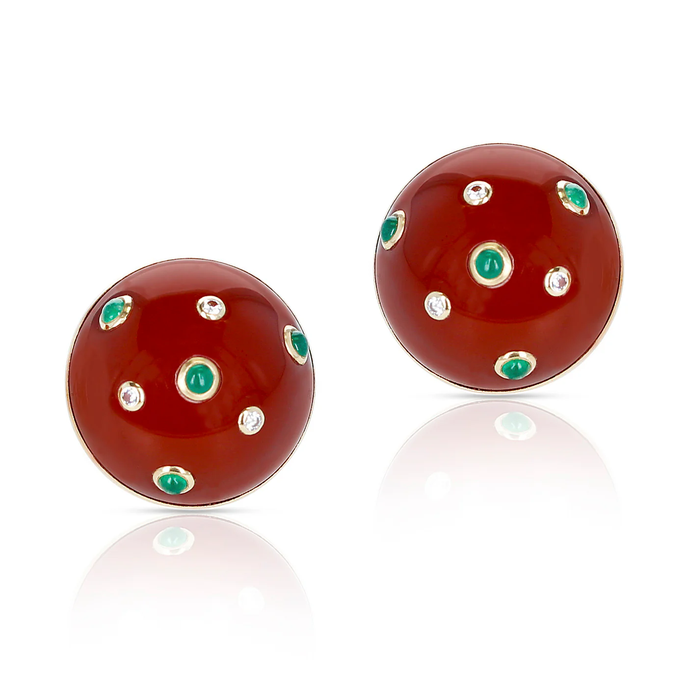 Cornelian, Emerald and Diamond Earrings by Trianon, 14k Yellow Gold