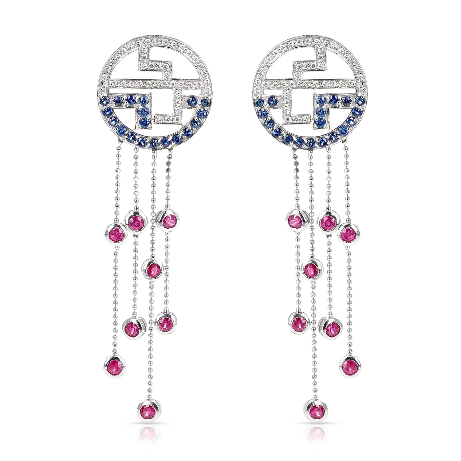 Tiffany Dangling Earrings with Ruby, Sapphire and Diamonds, 18 Karat Gold