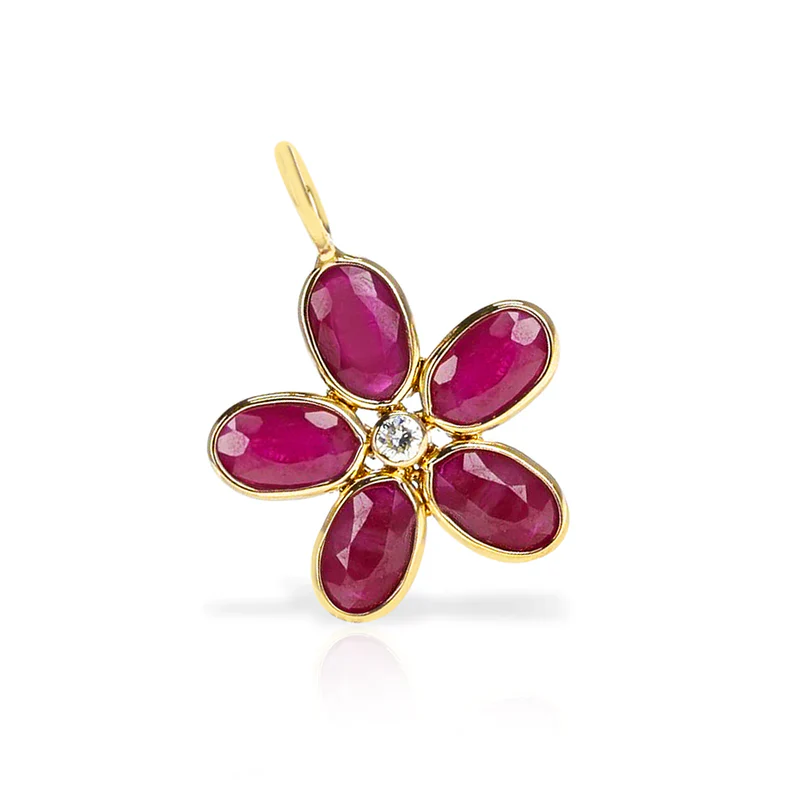 Gemstone Floral Pendant with Diamond, 18K Yellow Gold