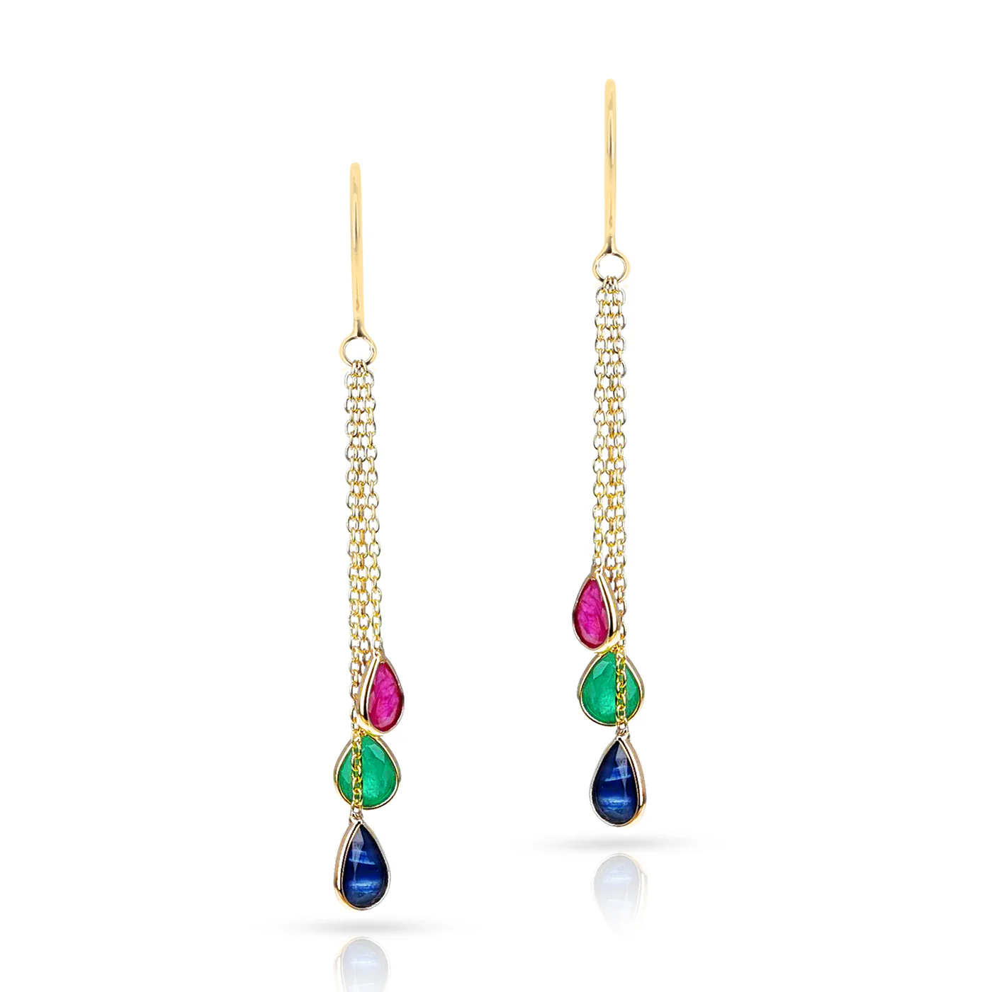 Ruby, Sapphire, Emerald Dangling Drops Earrings made in 18 Karat Yellow Gold.