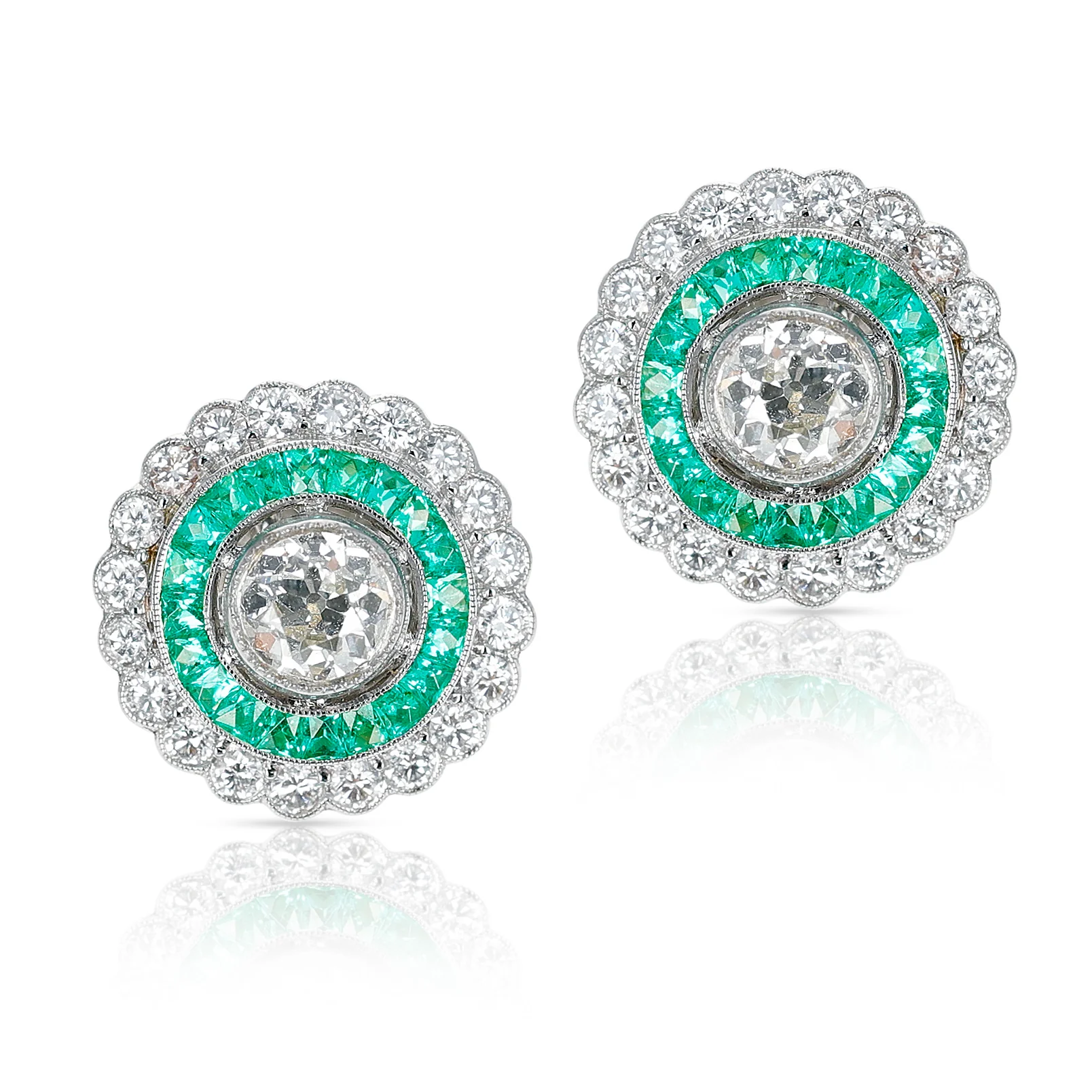 Art Deco Style 0.70 ct. each Diamond and Invisibly Set Emerald Earrings, Platinum