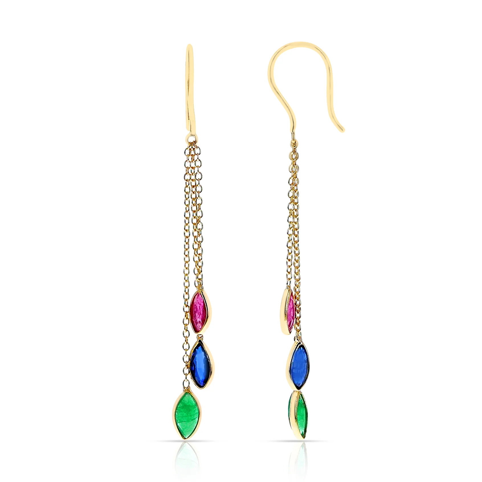 Ruby, Sapphire, Emerald  Pear Shape Dangling Earrings made in 18 Karat Yellow Gold.