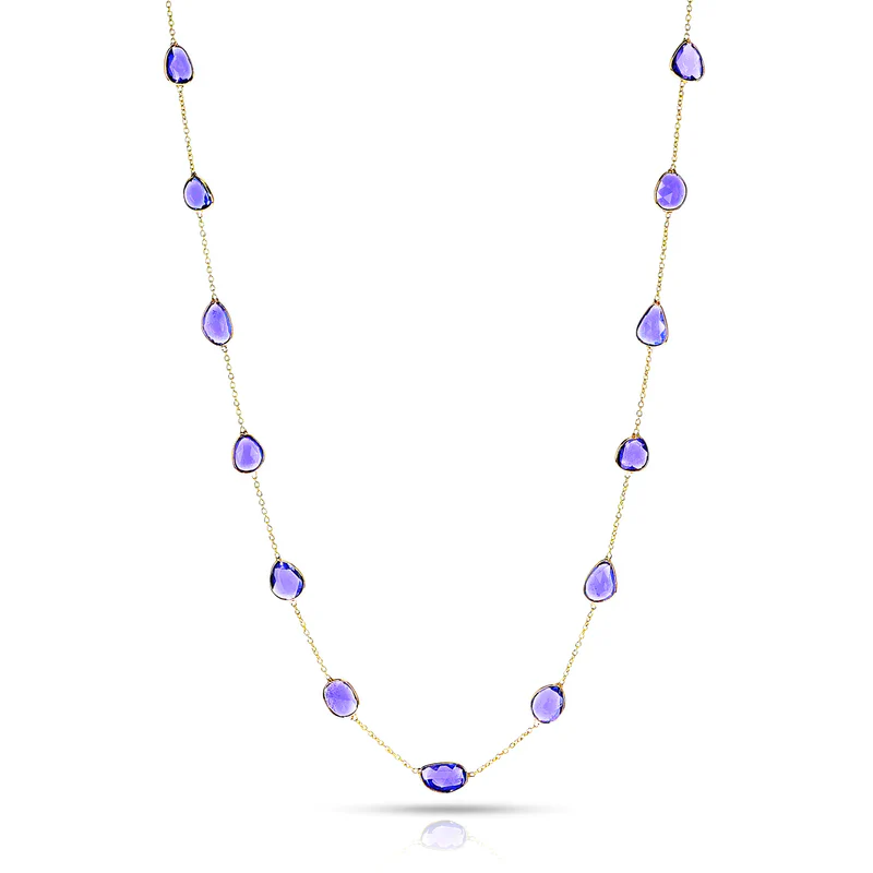Mixed Cut Blue Sapphire Necklace, 18 Karat Gold