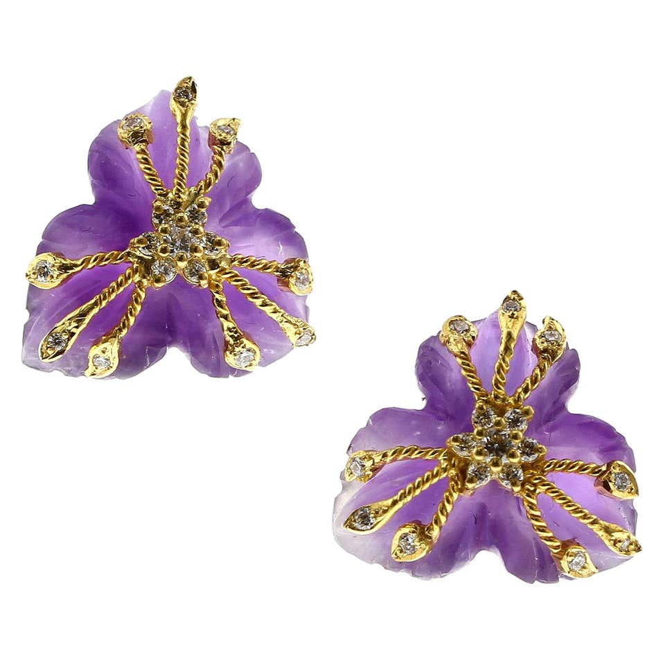 Carved Amethyst Earrings with Diamonds