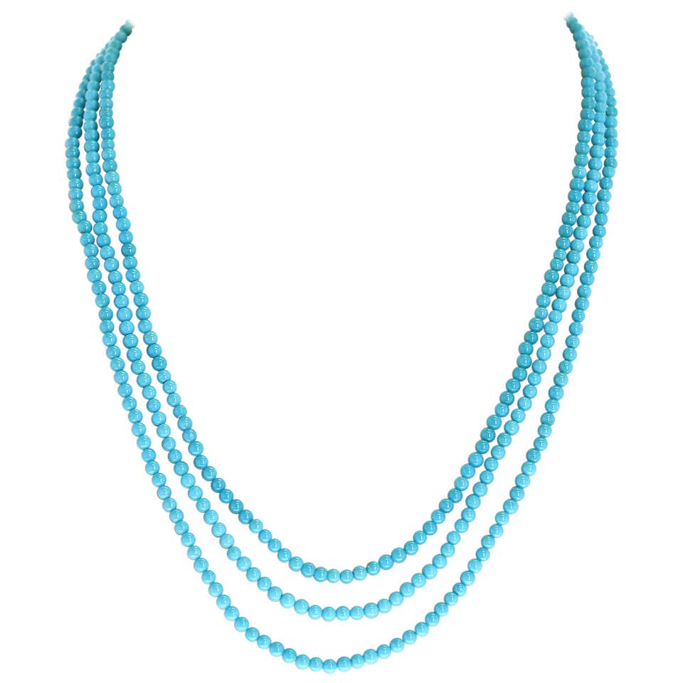 Genuine 3MM Turquoise Beads Three Strand Necklace, 14K Yellow Gold
