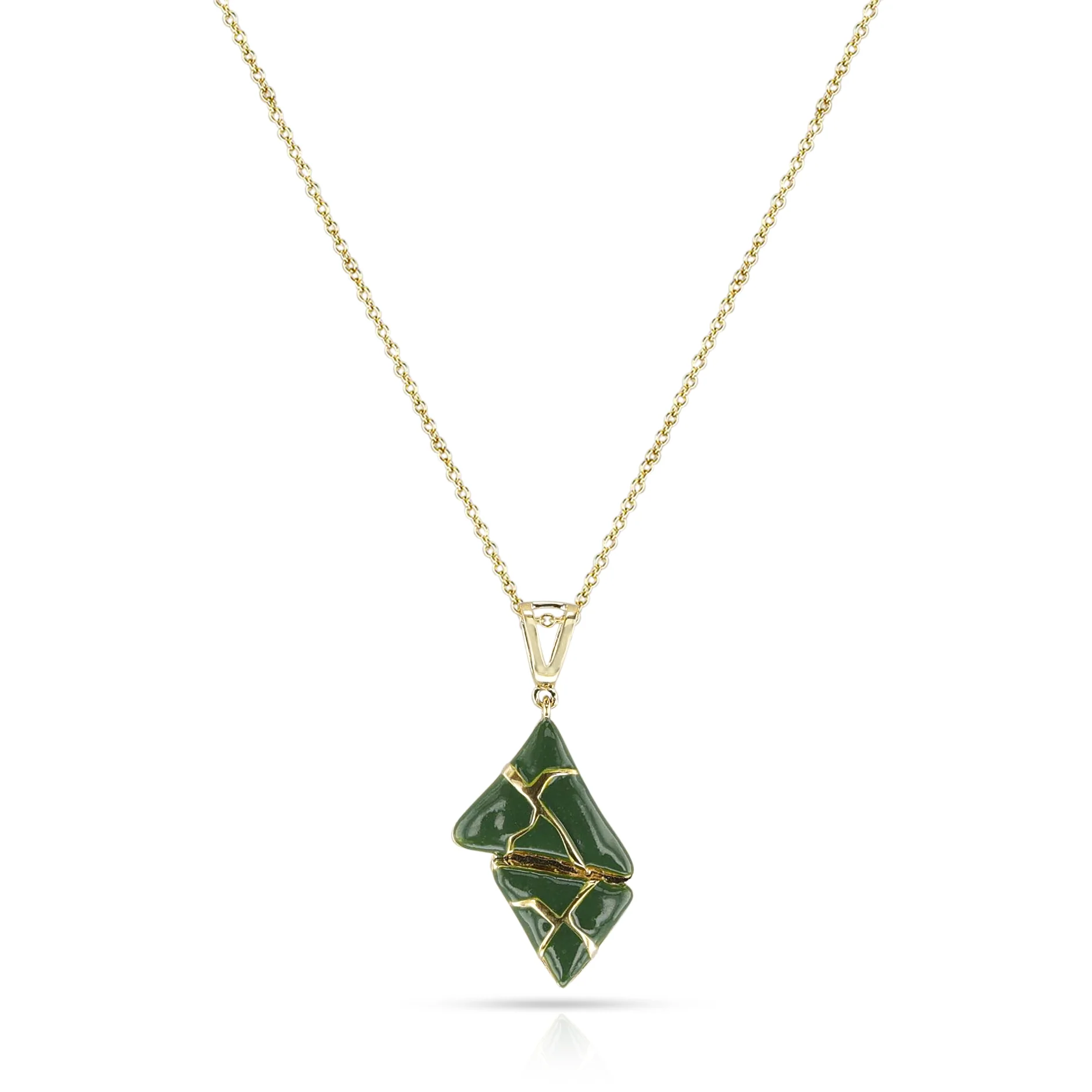 Two Triangle Green Enamel and Gold Lining Kintsugi Pendant Necklace, 14K