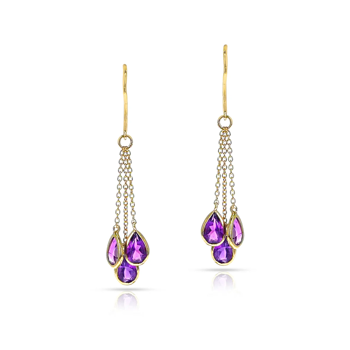 Three Stone Pear Amethyst Dangling Cluster Earrings