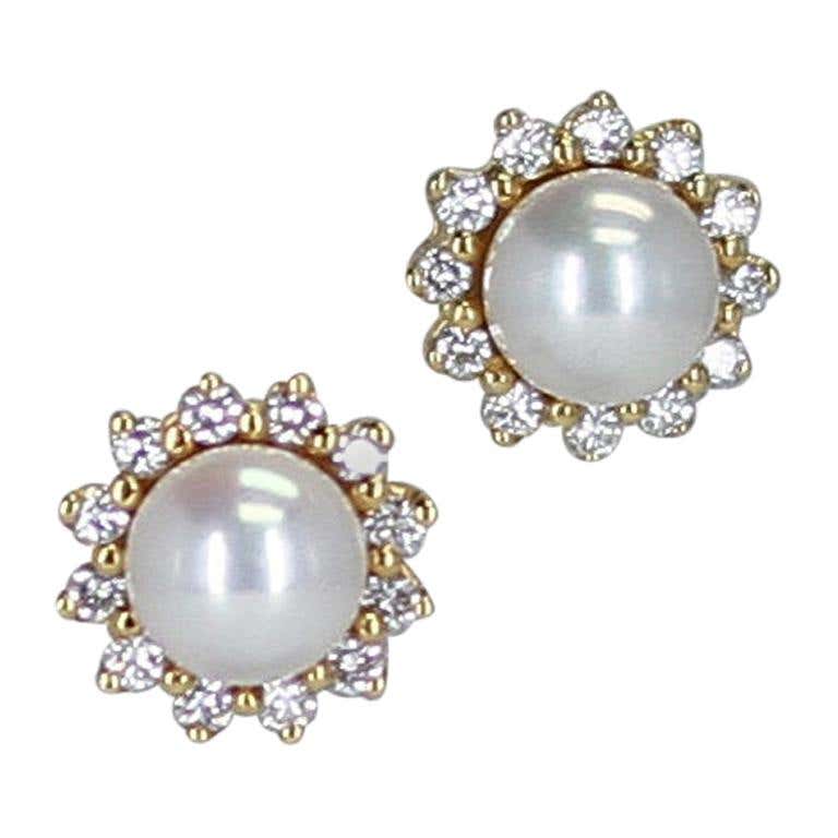 Tiffany & Co. Pearl and Diamond Earrings, 18 Karat Yellow Gold