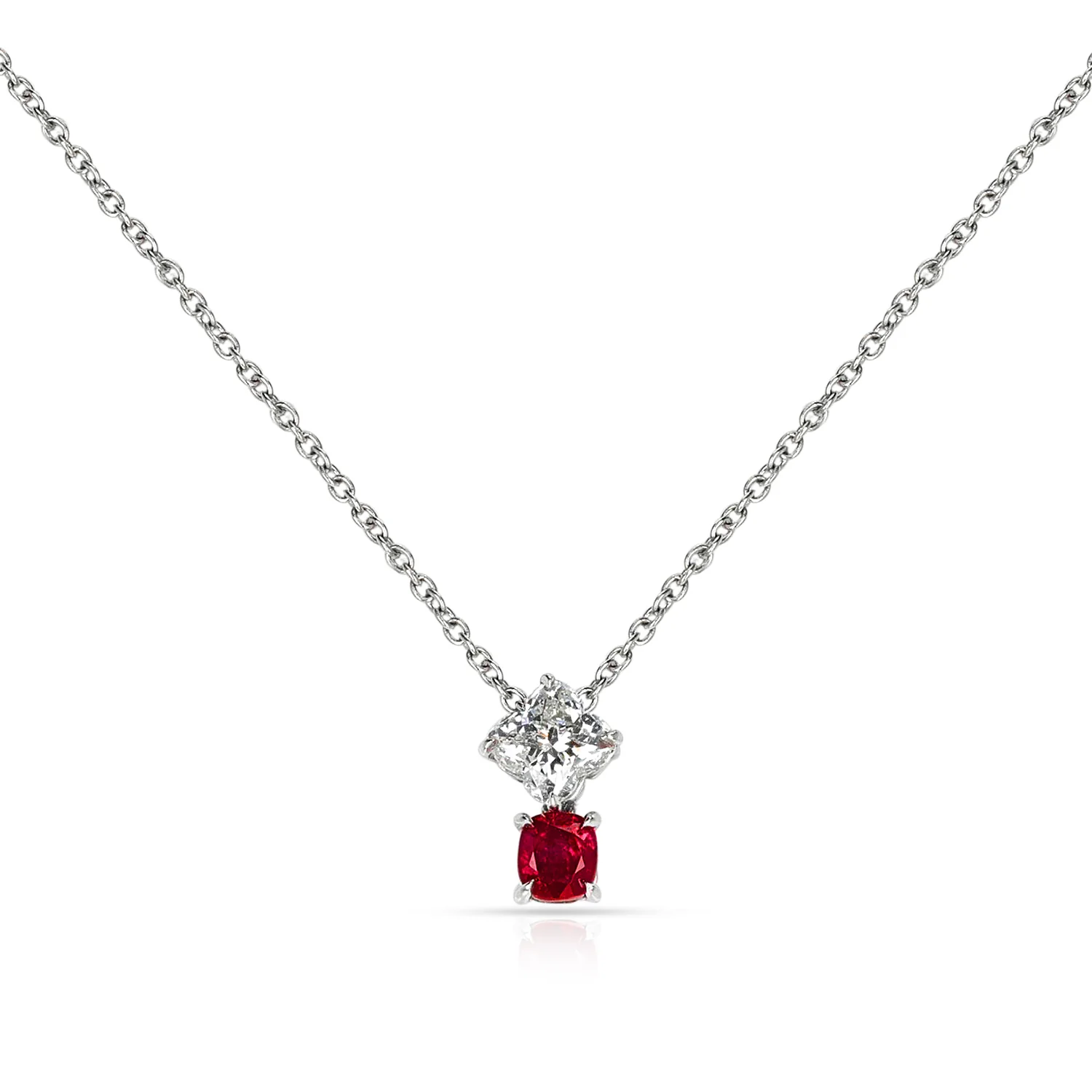 GIA Clover Shape Diamond and Oval Ruby Pendant Necklace, Platinum
