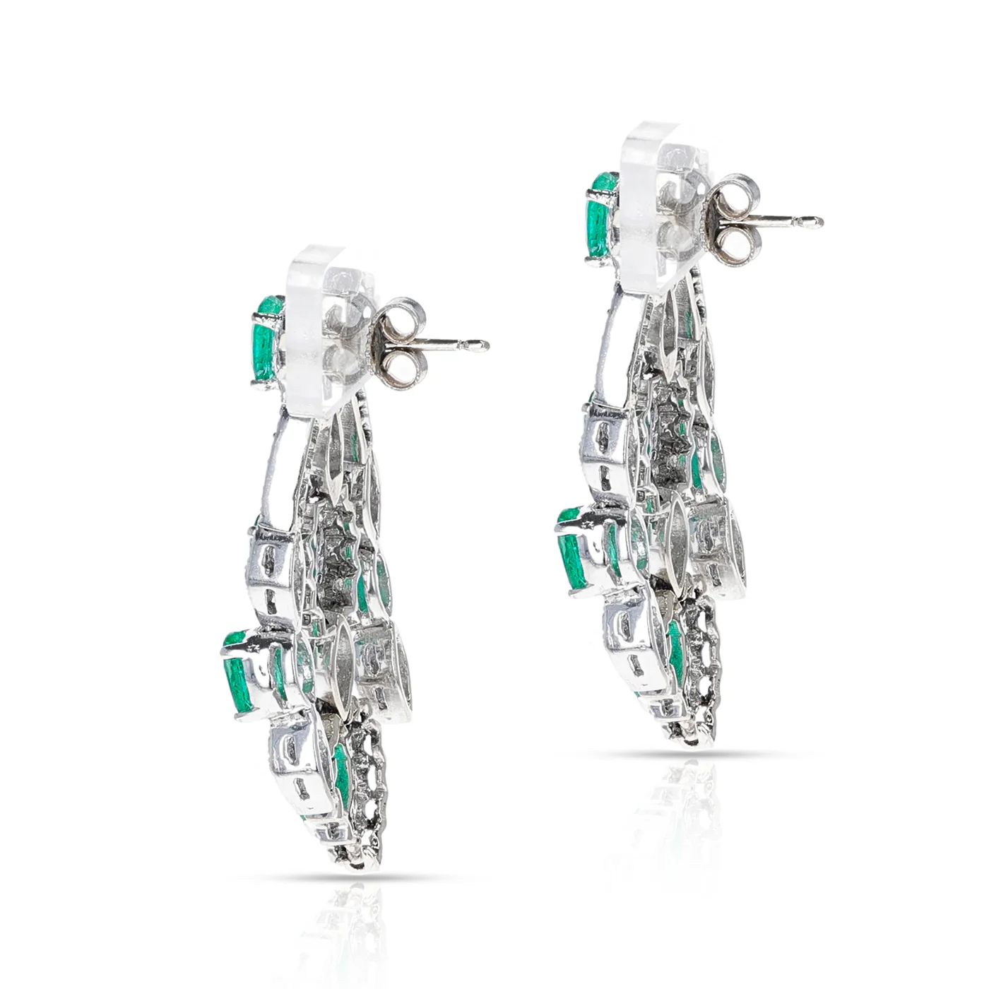 Oval-Cut Emerald and Diamond Chandelier Dangle Earrings, French Marks