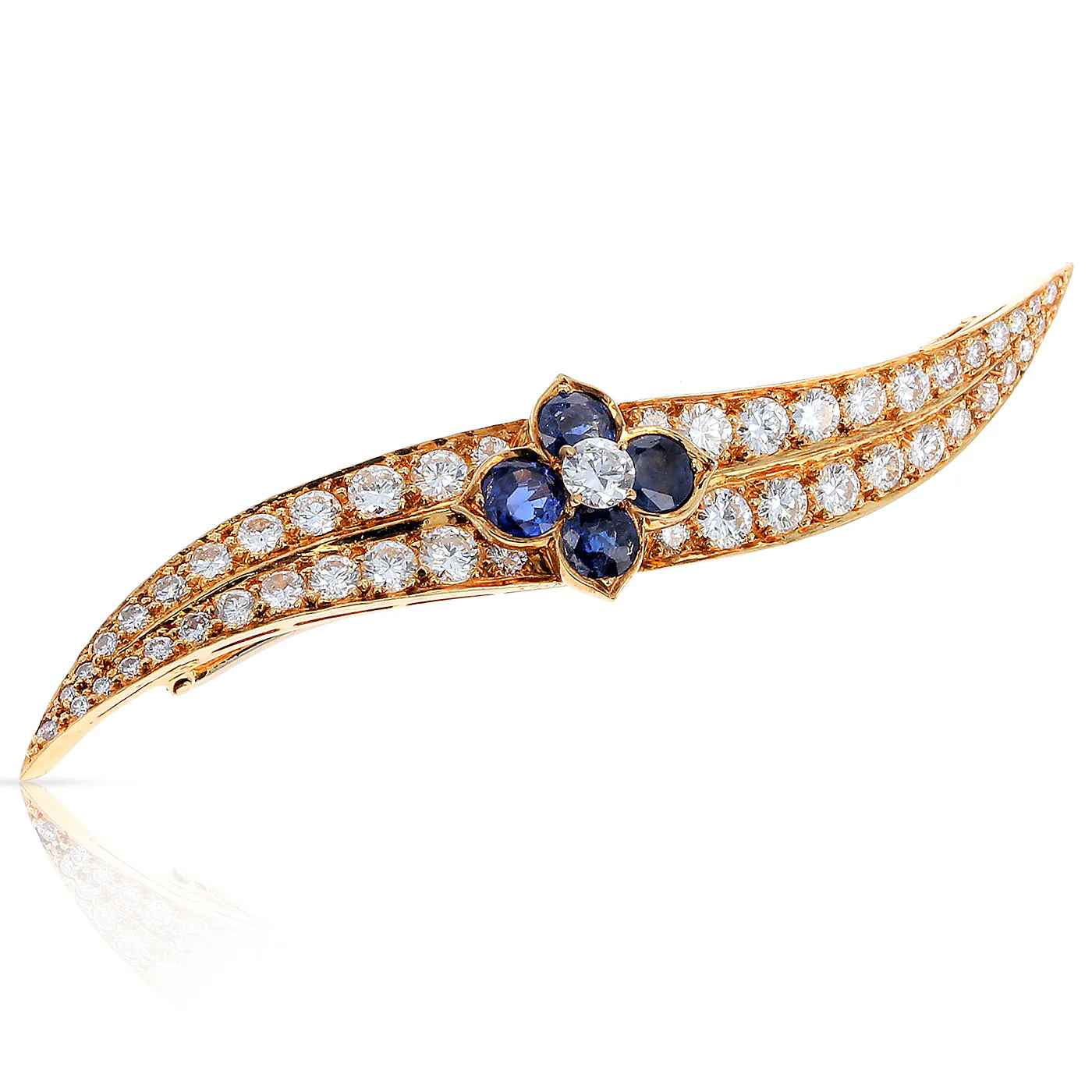 French Van Cleef & Arpels Sapphire Floral and Diamond Pin/Brooch, 18K Yellow
