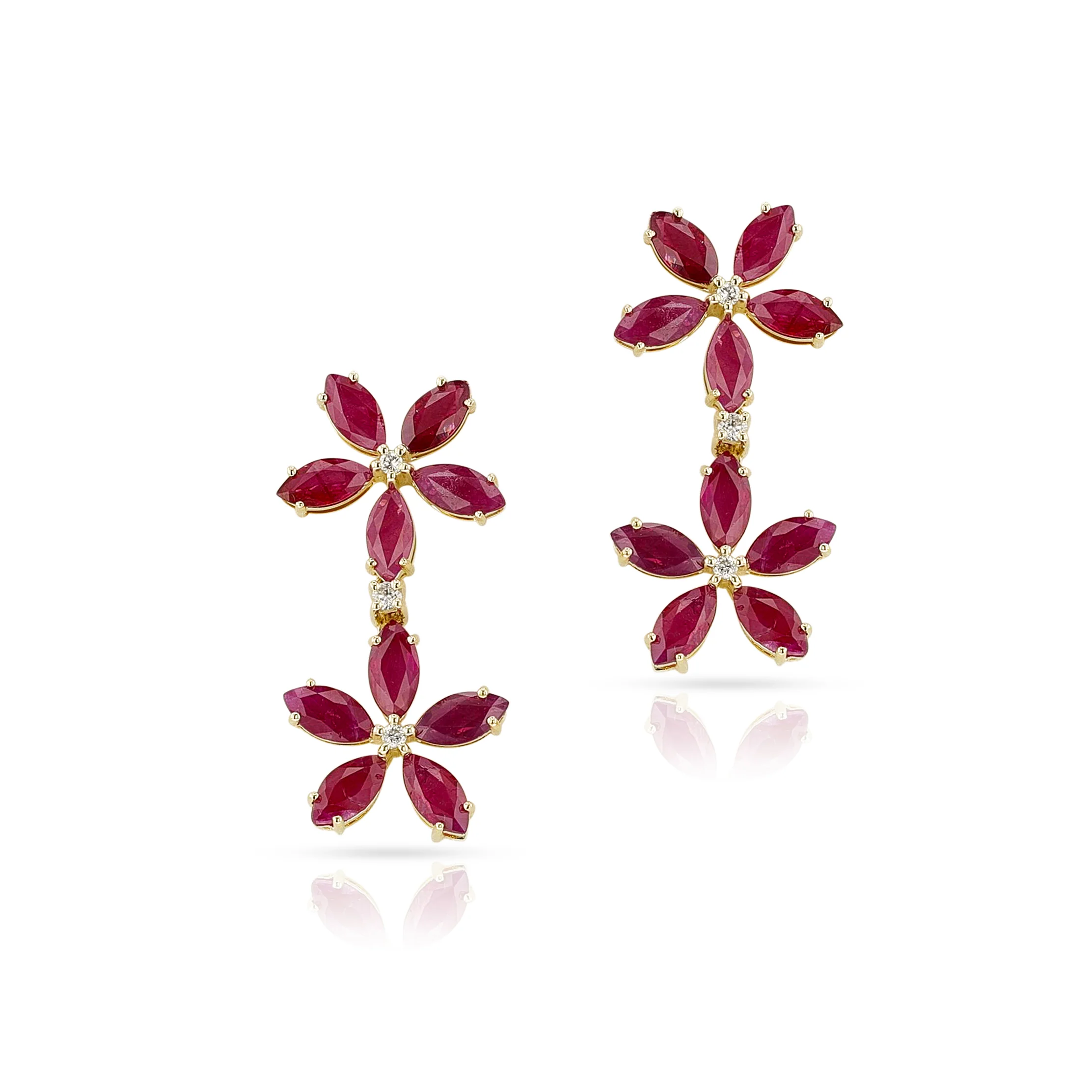 Double Floral Marquise Ruby and Diamond Dangling Earrings, 14K