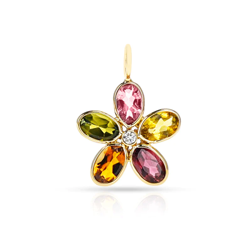 Gemstone Floral Pendant with Diamond, 18K Yellow Gold