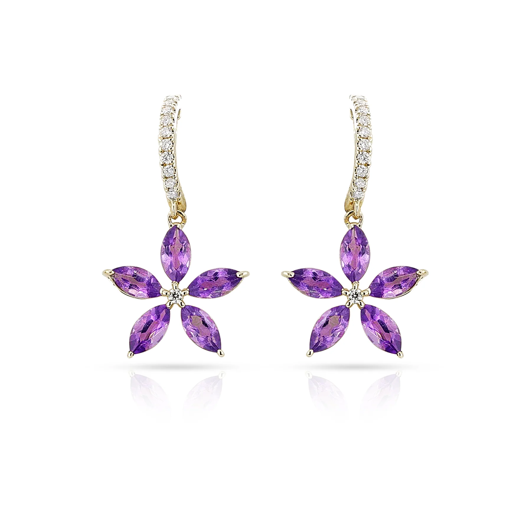 Floral Marquise Amethyst and Diamond Dangling Hoop Earrings, 14k Yellow Gold