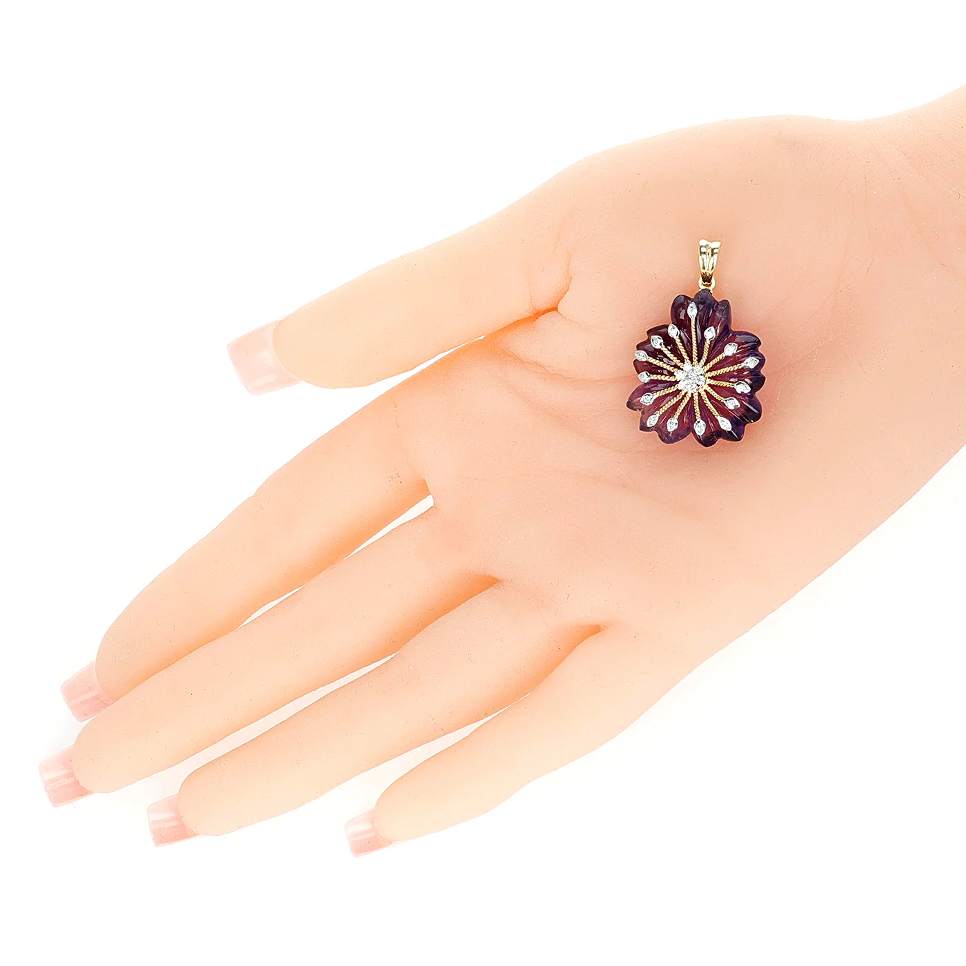 Amethyst Carved Floral Pendant with 14k Gold and Diamonds