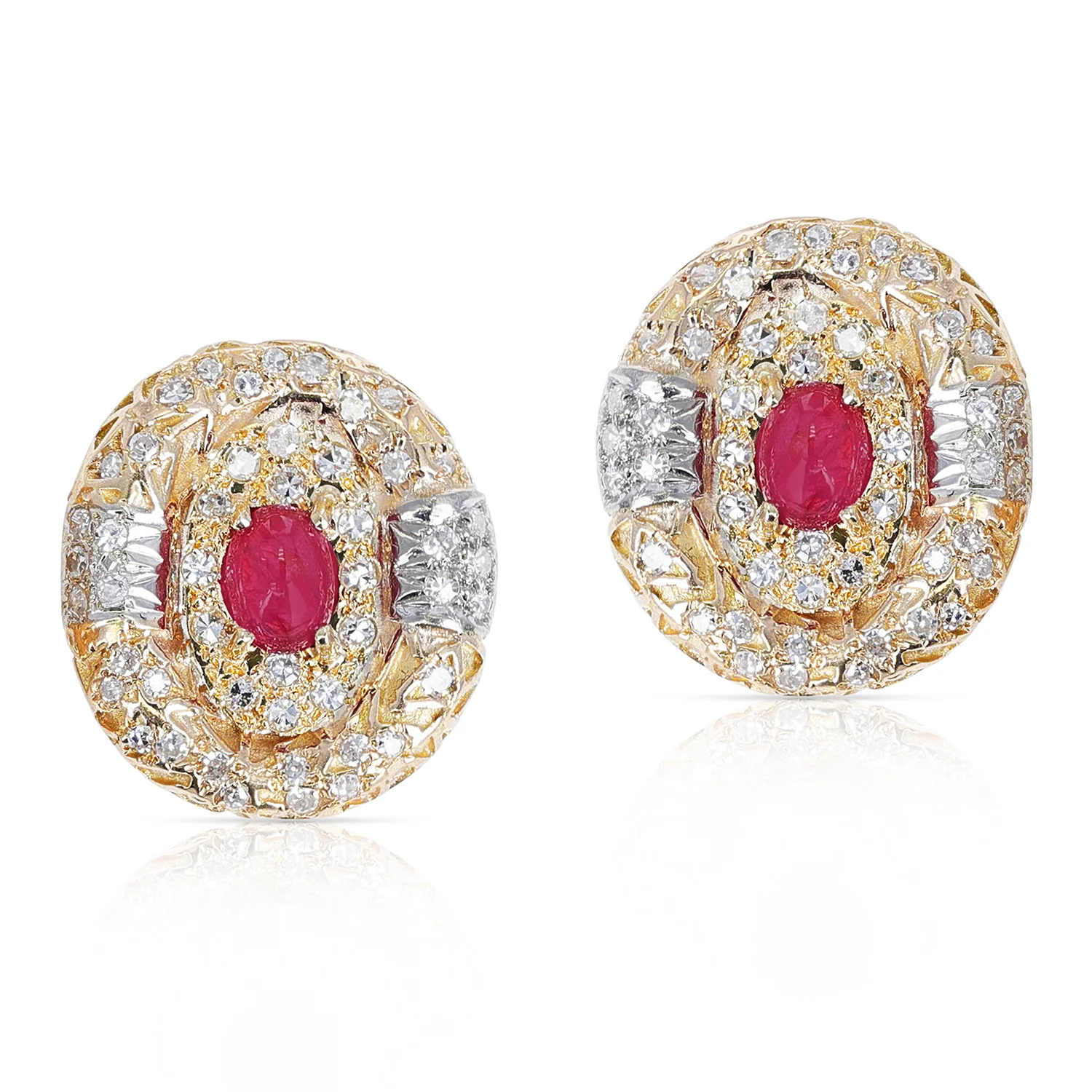 14K Hammered Gold Oval Ruby Cabochon and Diamond Oval Earrings