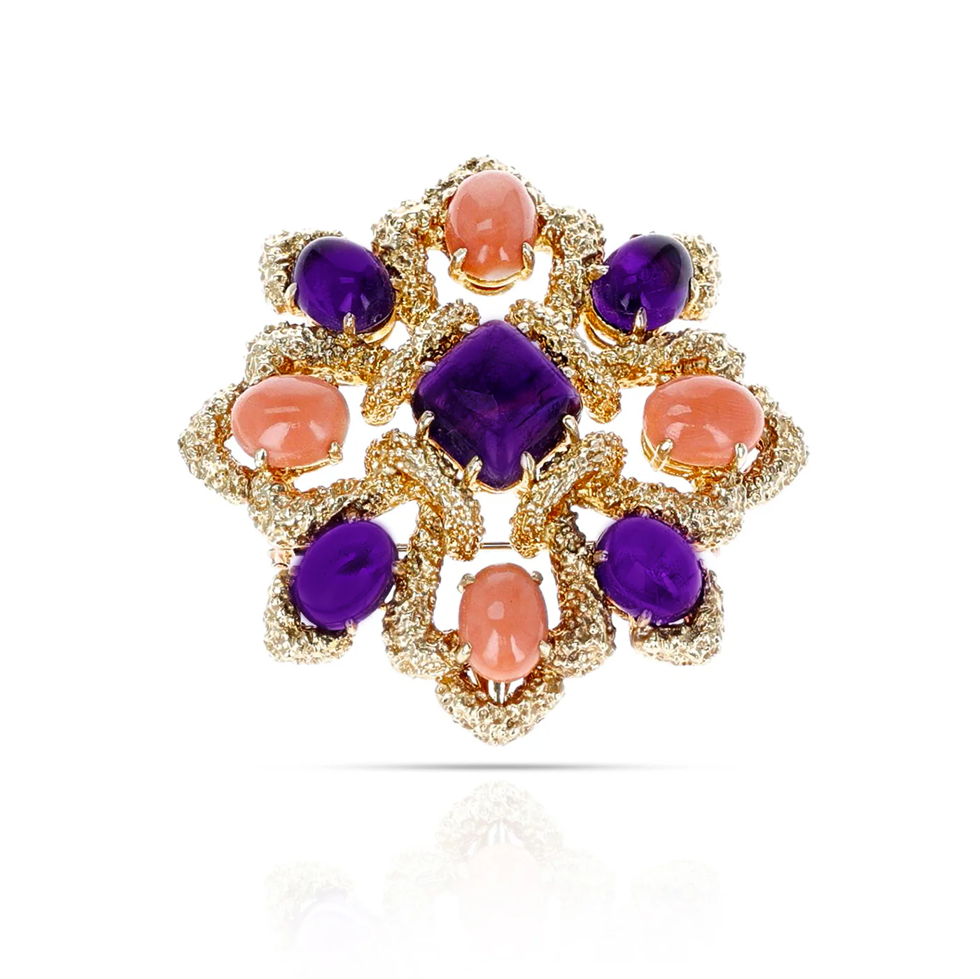 Van Cleef & Arpels Amethyst and Coral Cabochon Brooch, 18K Yellow Gold