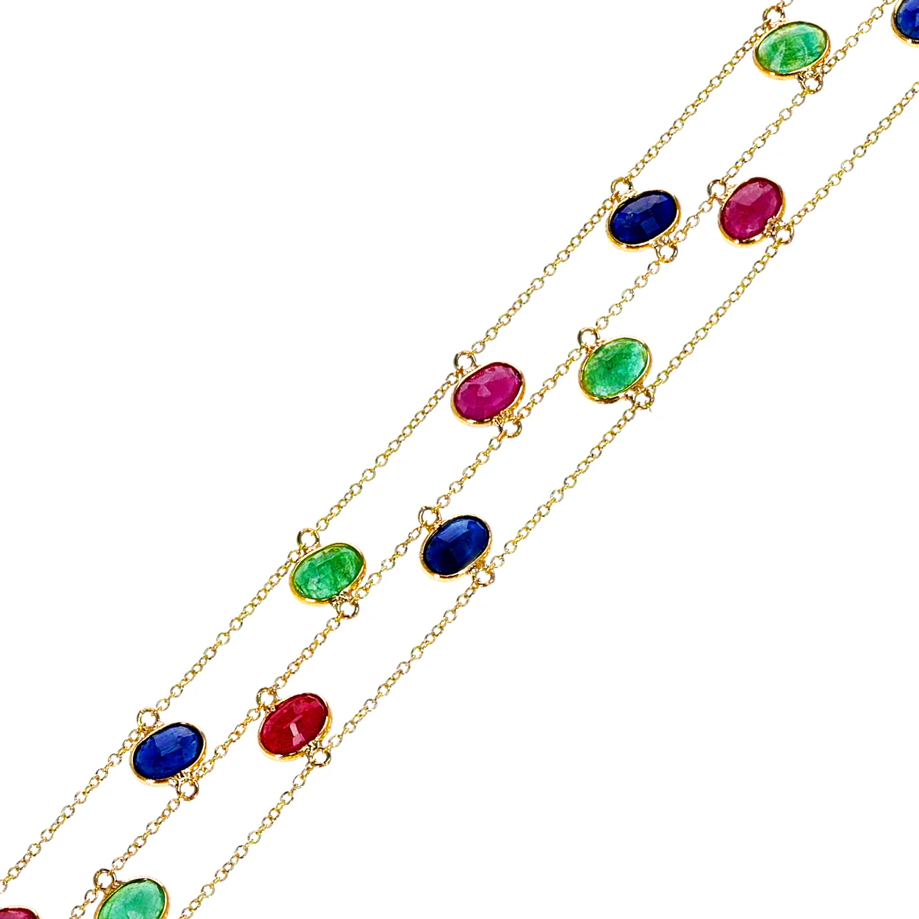 Oval Emerald, Ruby, Sapphire Double Line Adjustable Bracelet, 18k Yellow Gold