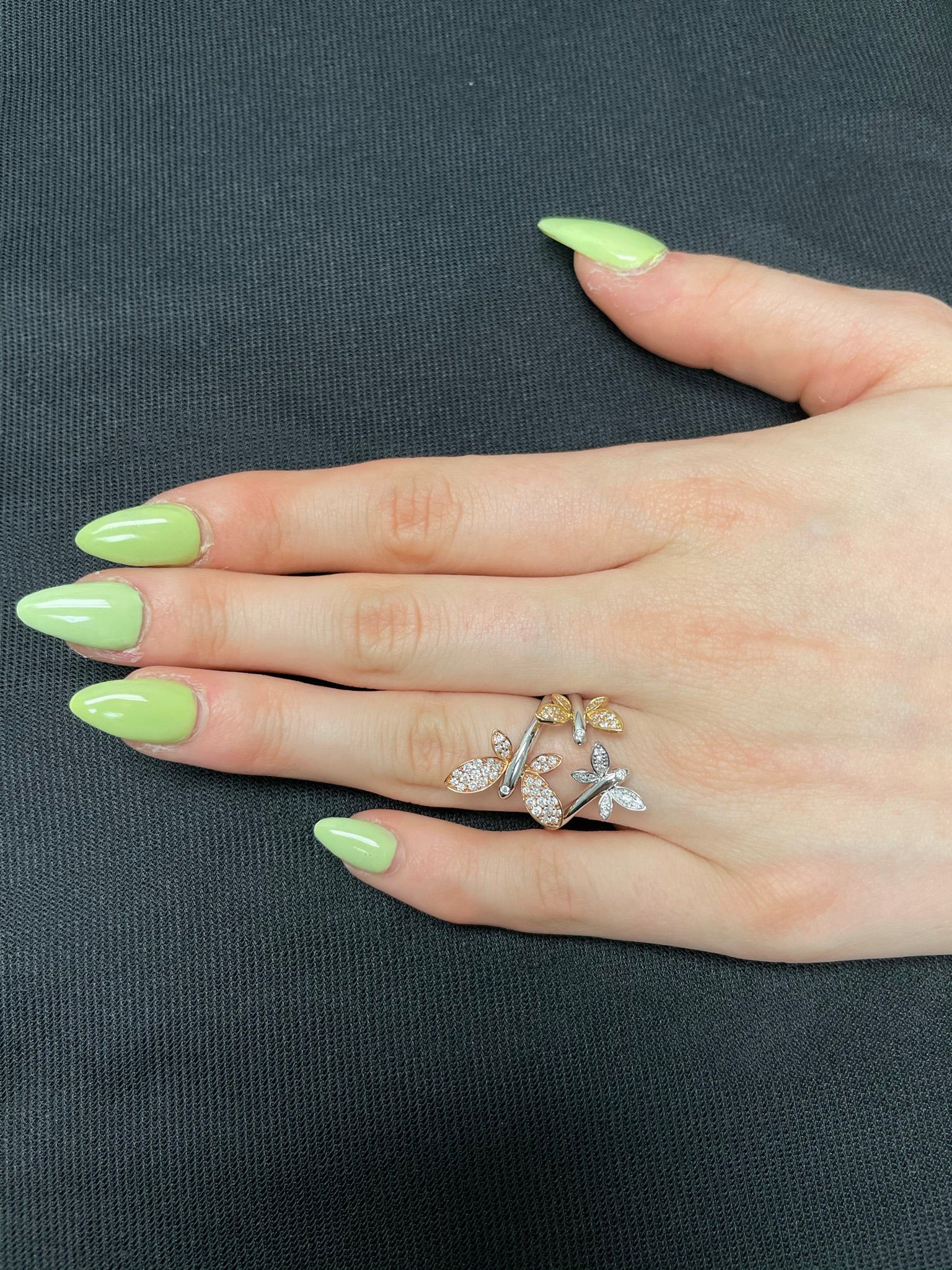 Yellow, White and Rose 18 Karat Gold Three Butterfly Ring with Diamonds