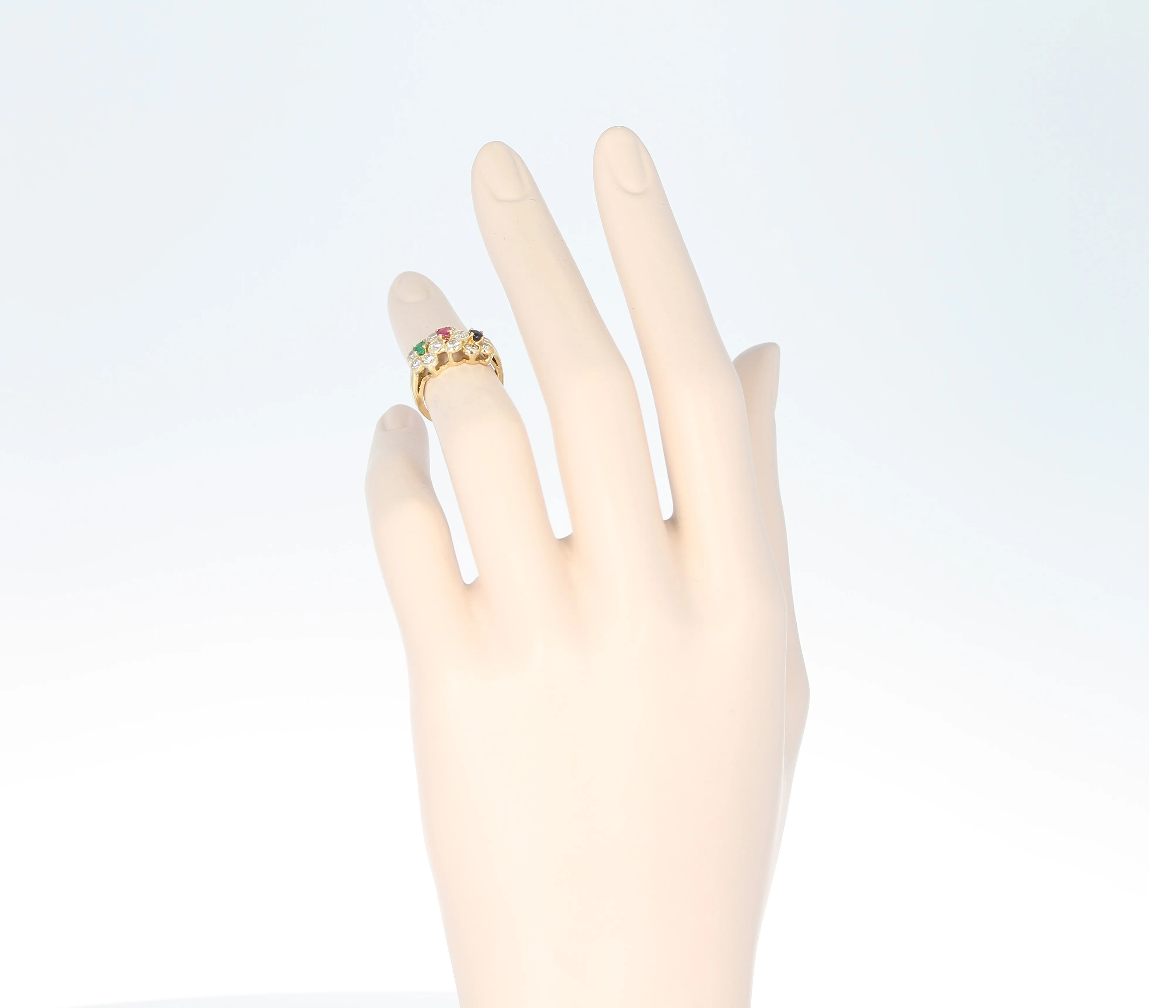 Van Cleef and Arpels Tri-Floral Emerald, Ruby, Sapphire and Diamond Ring, 18K