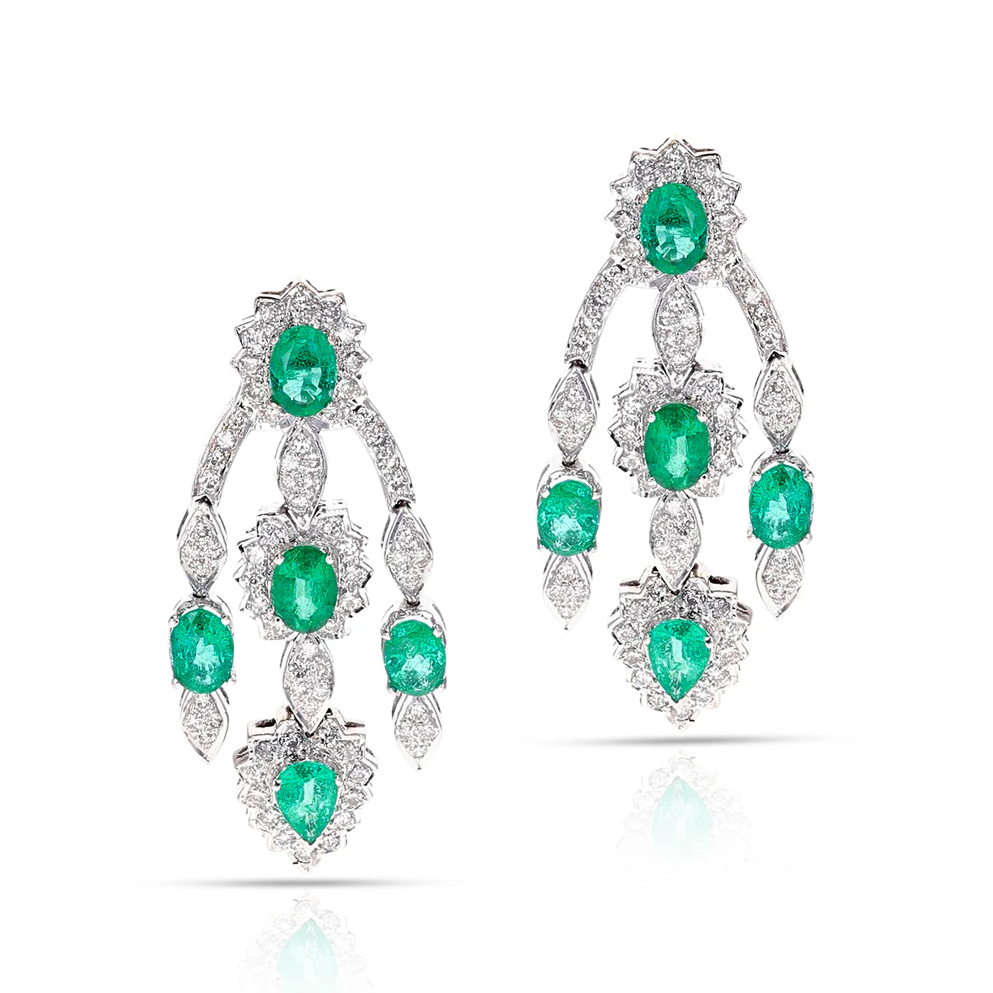 Oval-Cut Emerald and Diamond Chandelier Dangle Earrings, French Marks