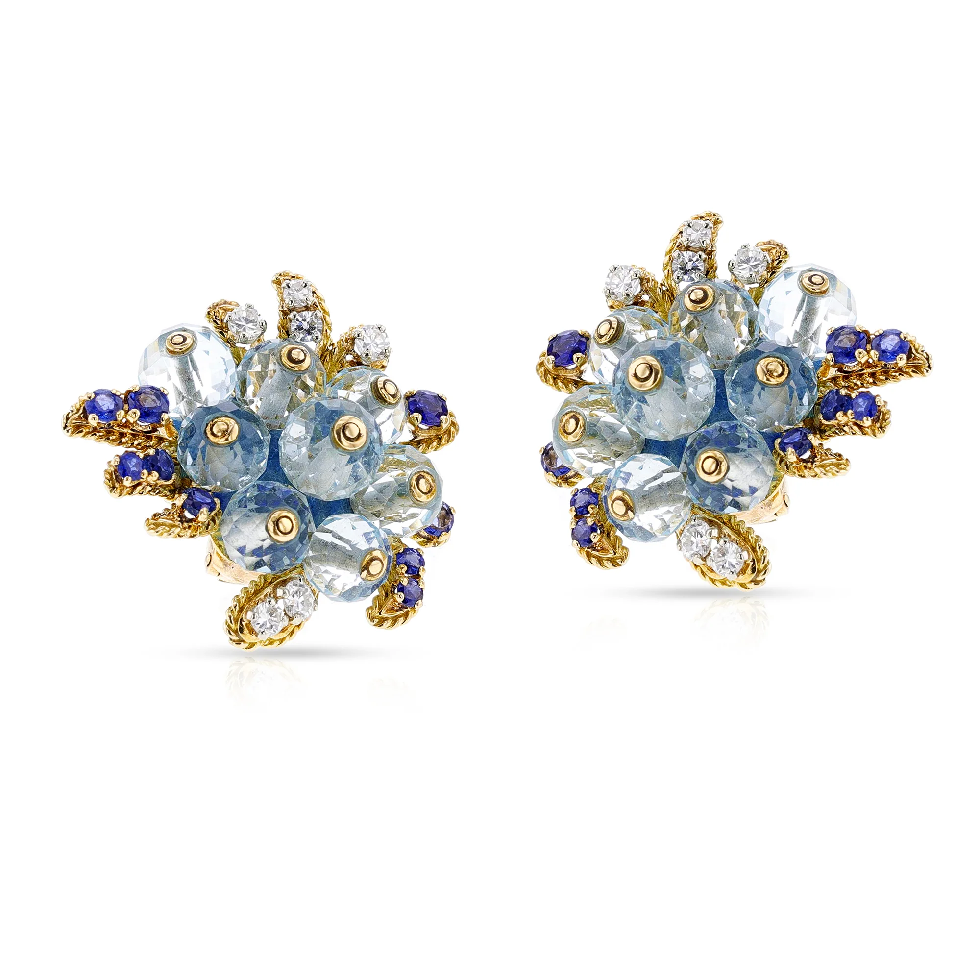 Fred Paris Aquamarine, Sapphire and Diamond Earrings, 18k