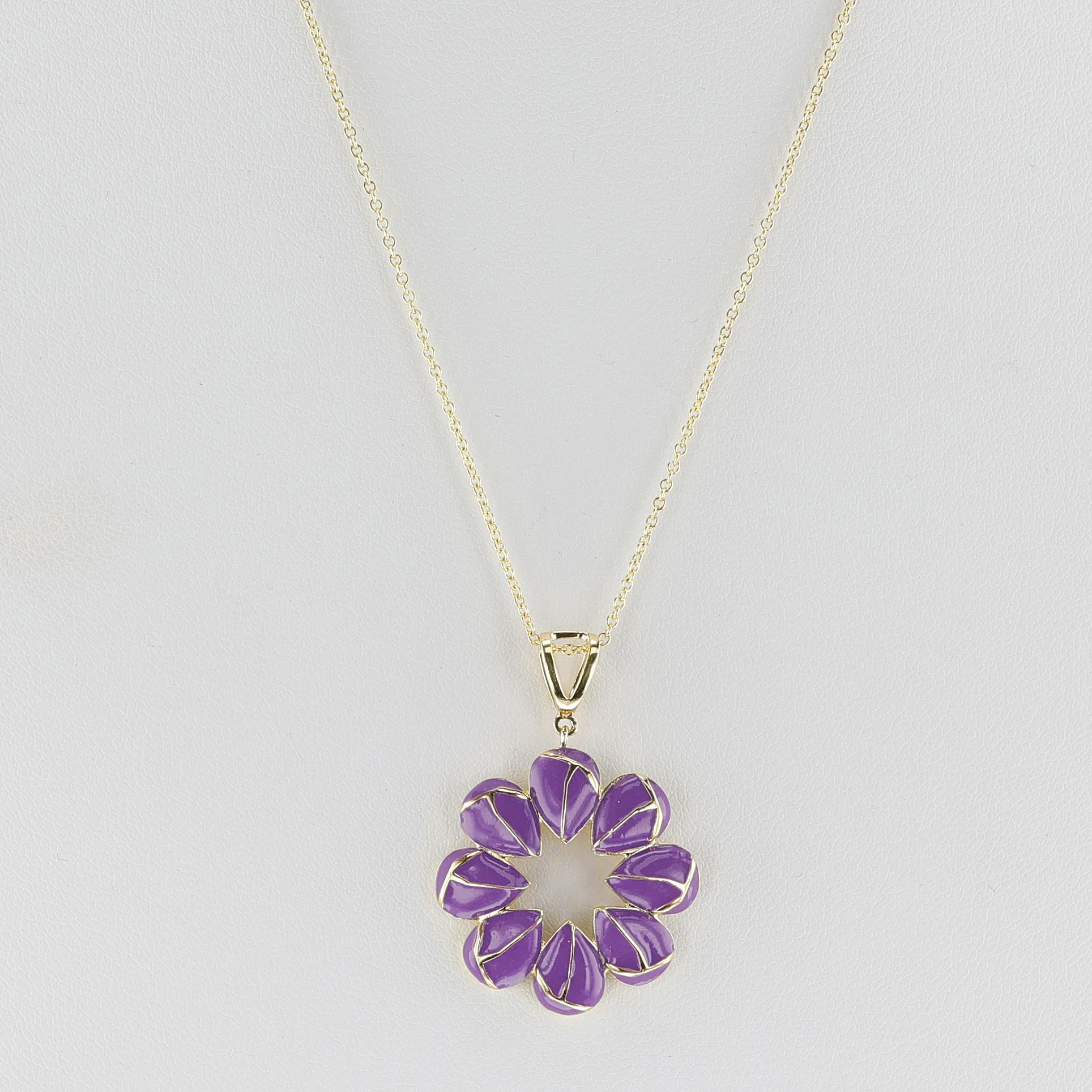 Purple Floral Enamel and Gold Lining Kintsugi Pendant Necklace, 14k