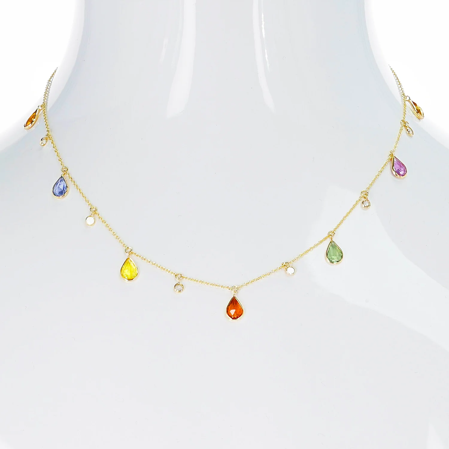 Pear Shape Multi-Sapphire and Diamond Rose Cut Drops Necklace, 18K