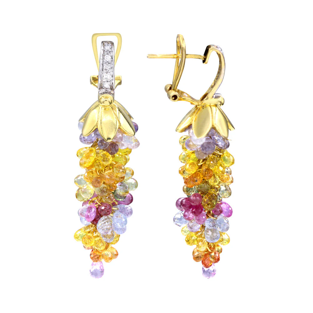 Multi-Sapphire Chandelier Earrings with Diamonds, 18K Yellow Gold
