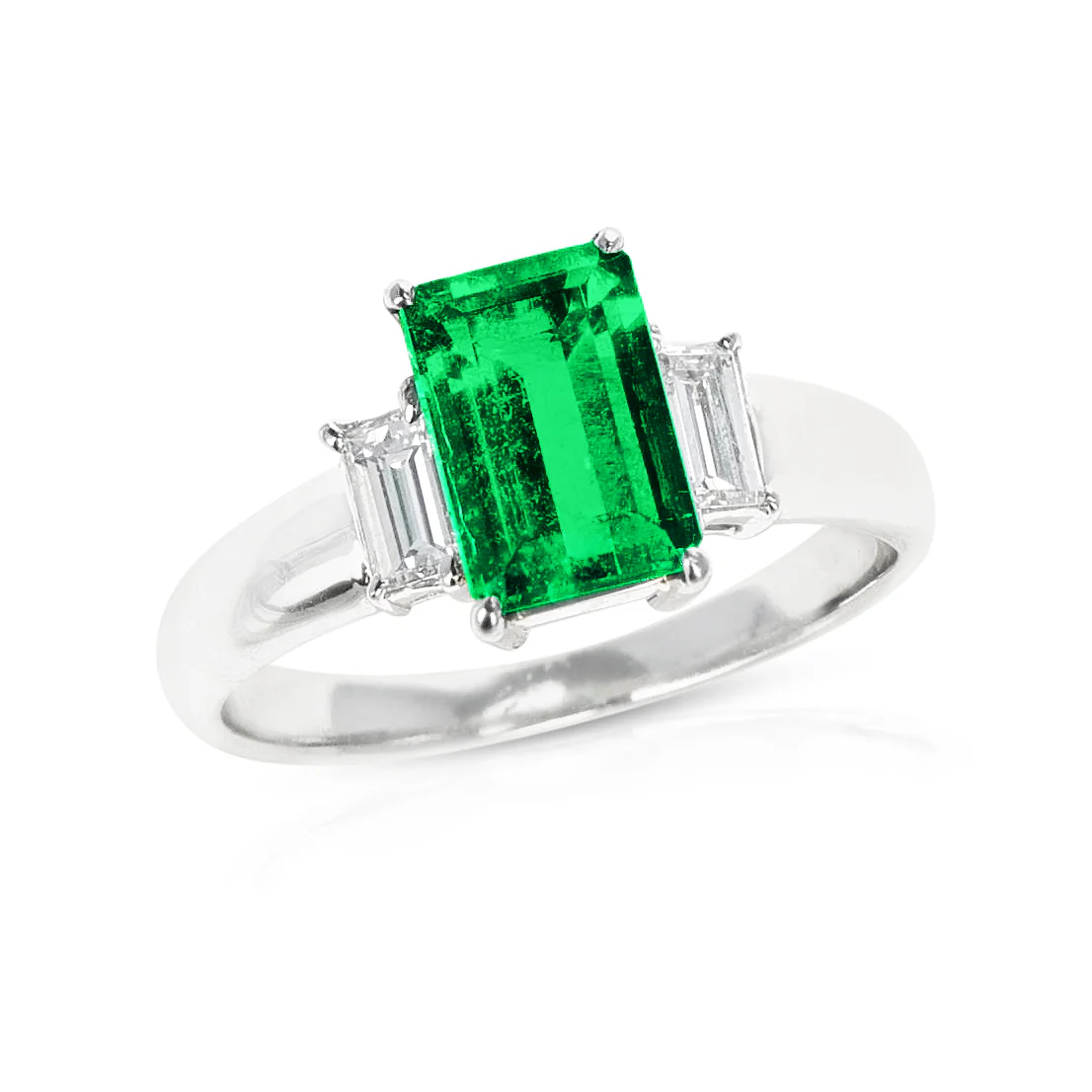 Emerald-Cut Emerald and Diamond Three Stone Engagement Ring, Platinum