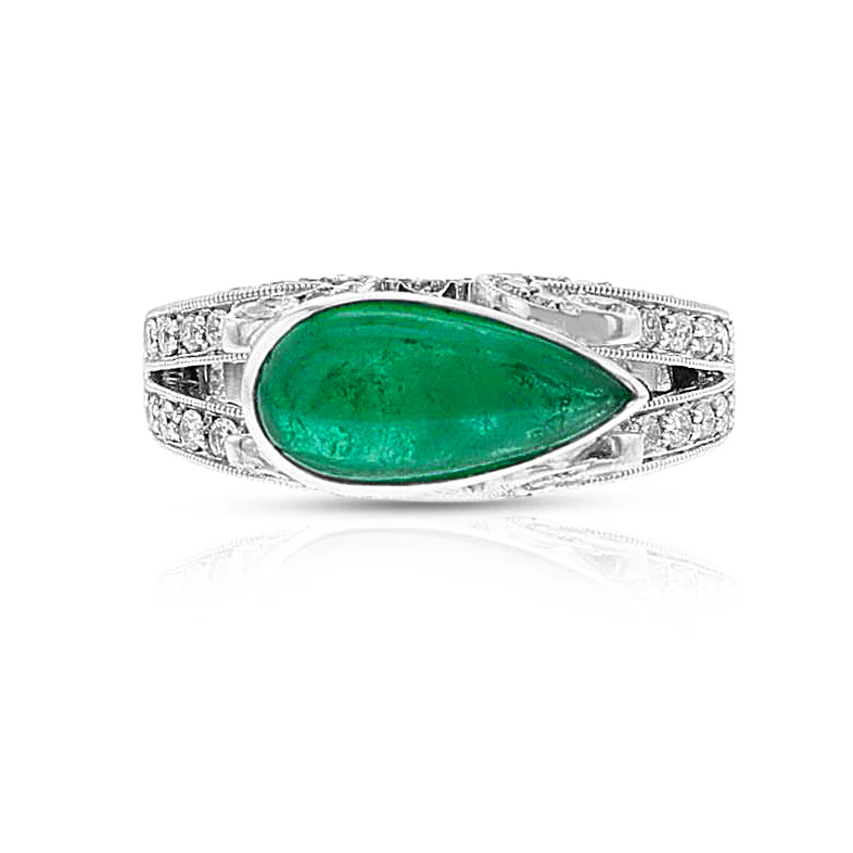 Pear Emerald Cabochon and Diamond Ring, 18k